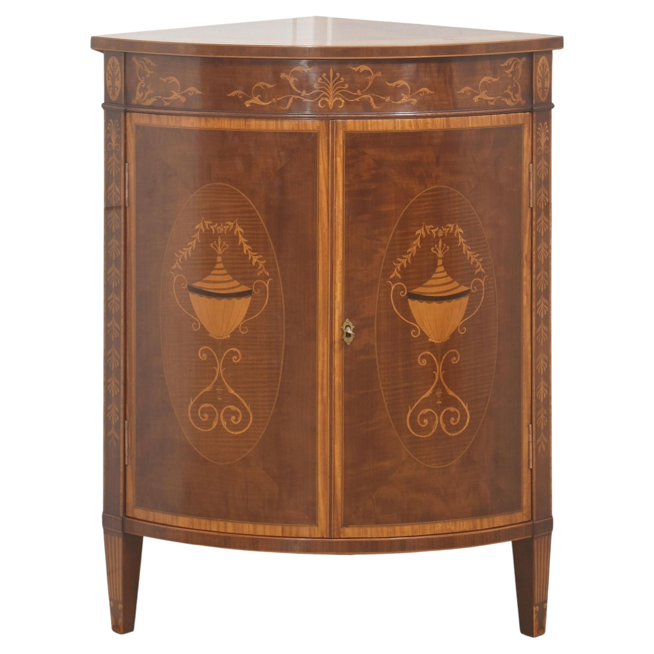 Sheraton Revival Inlaid Mahogany Corner Cabinet For Sale