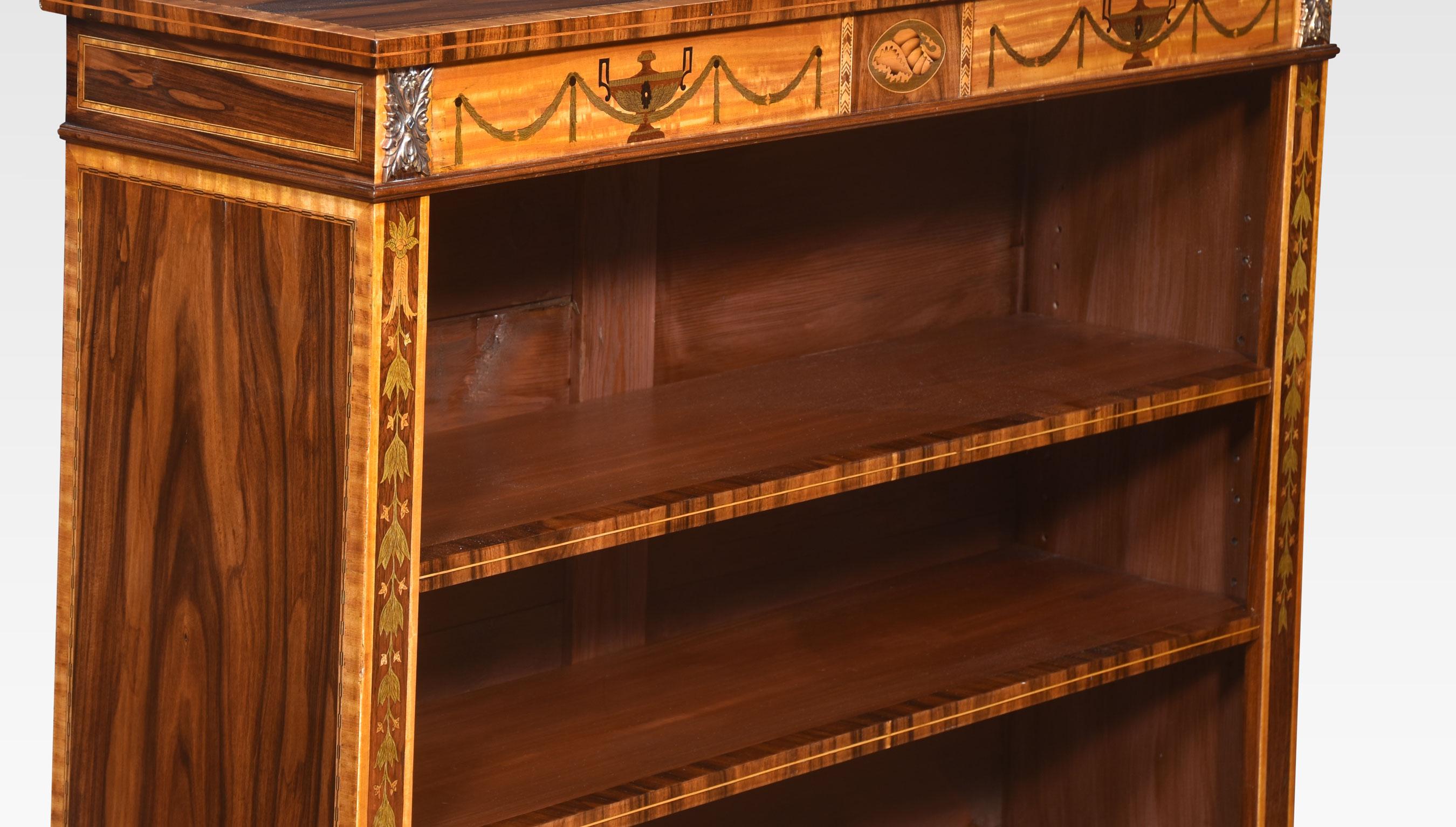Wood Sheraton revival inlaid open bookcase For Sale