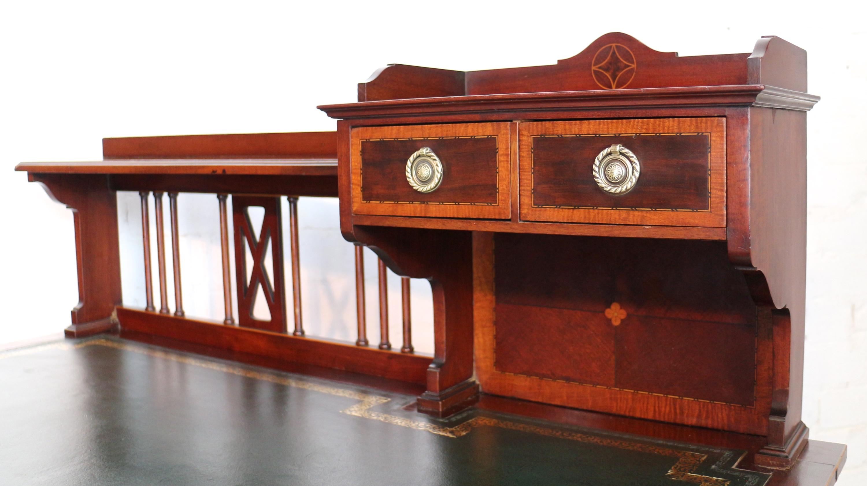 Brass Sheraton Revival Mahogany and Inlaid Desk, Attributed to Shapland & Petter