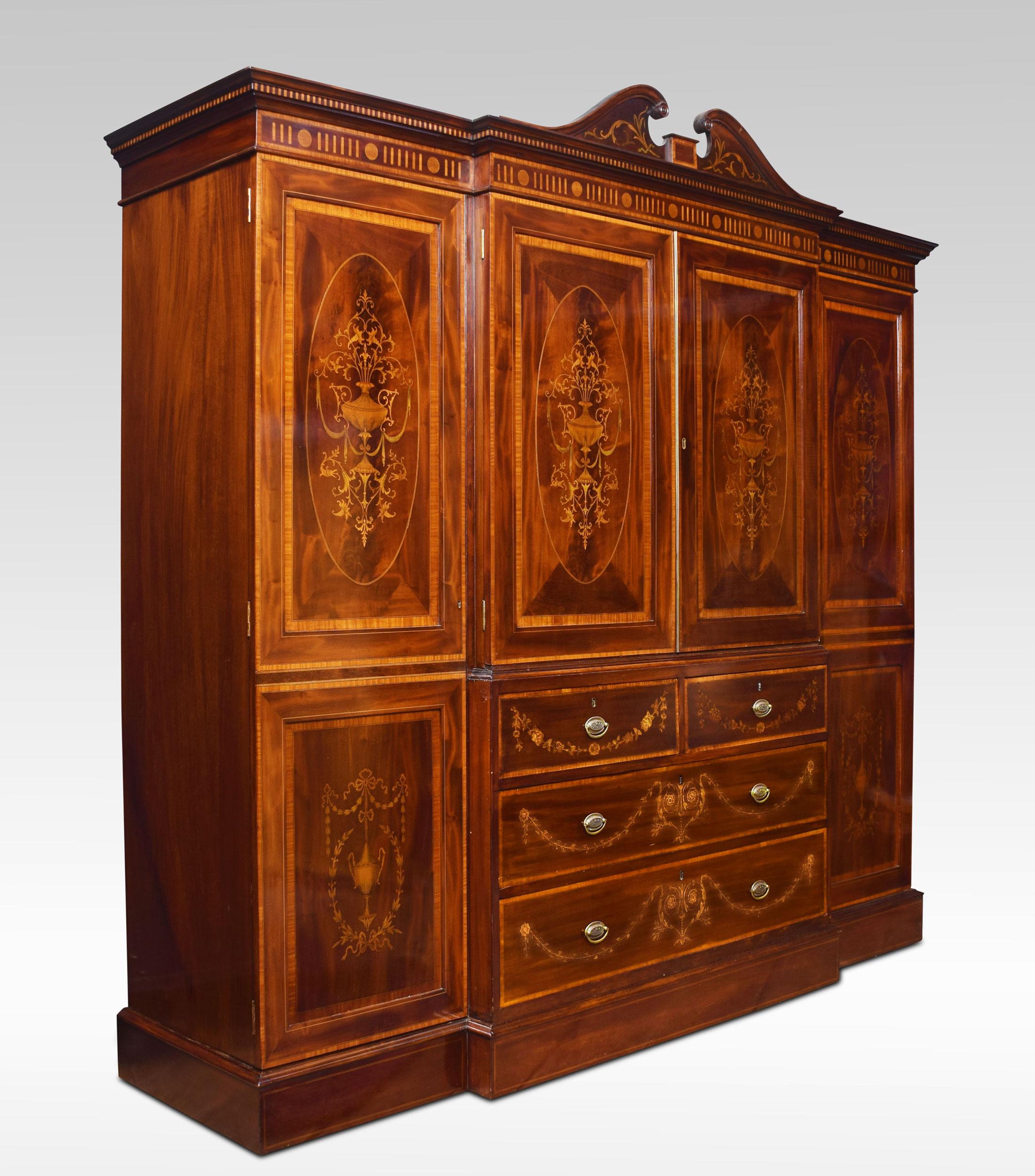 Sheraton Revival Mahogany Inlaid Breakfront Wardrobe 3