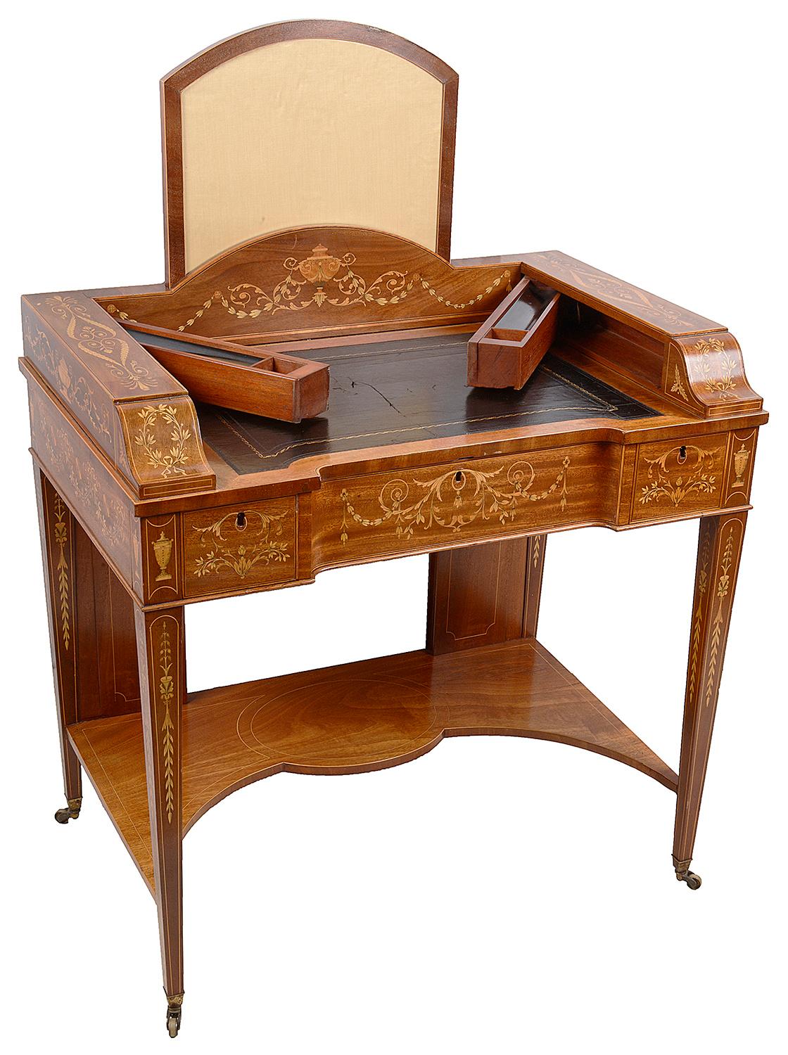 English Sheraton Revival Mahogany Inlaid Ladies Desk, 19th Century For Sale