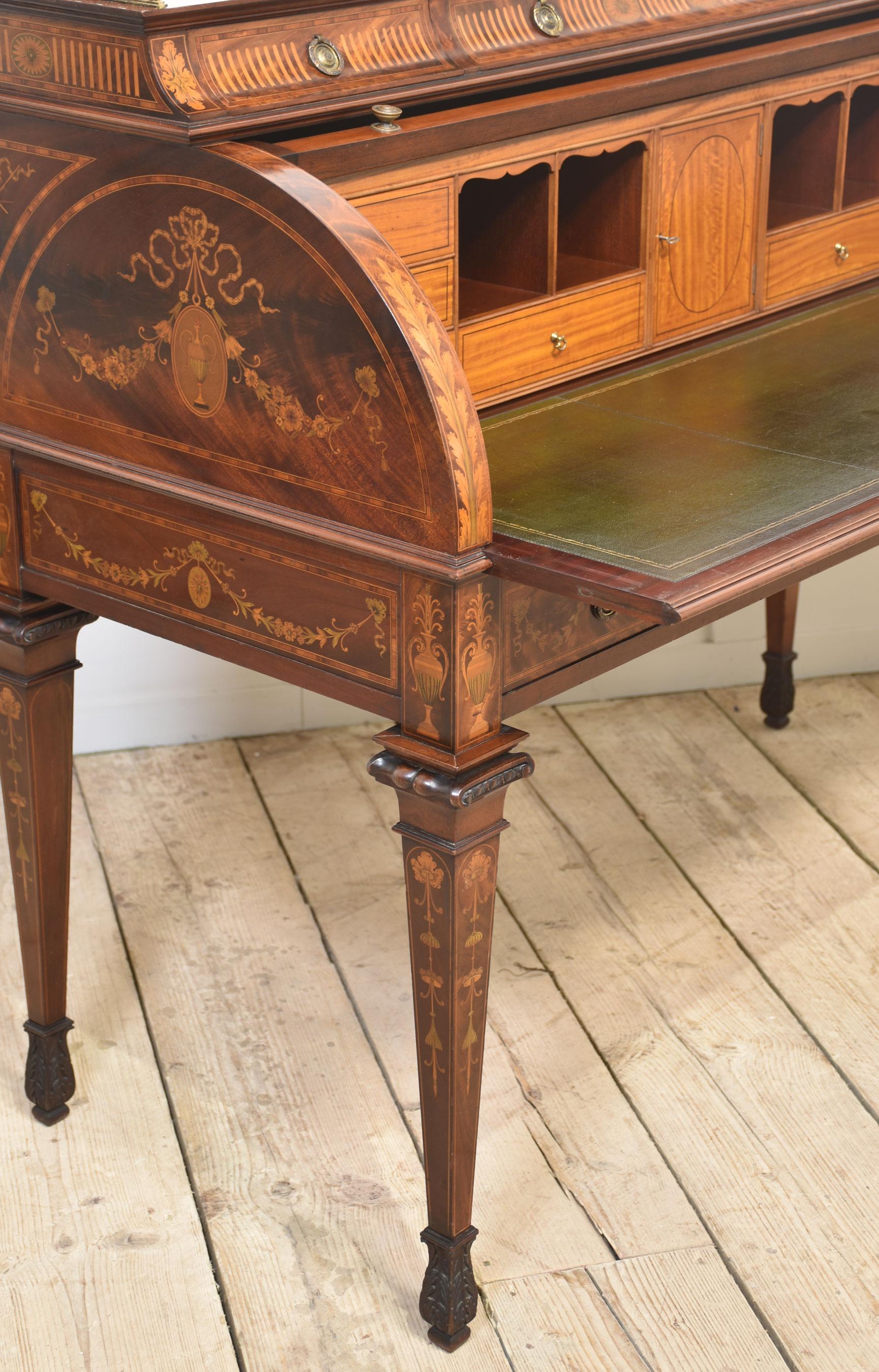 Sheraton Revival marquetry inlaid cylinder bureau For Sale 8