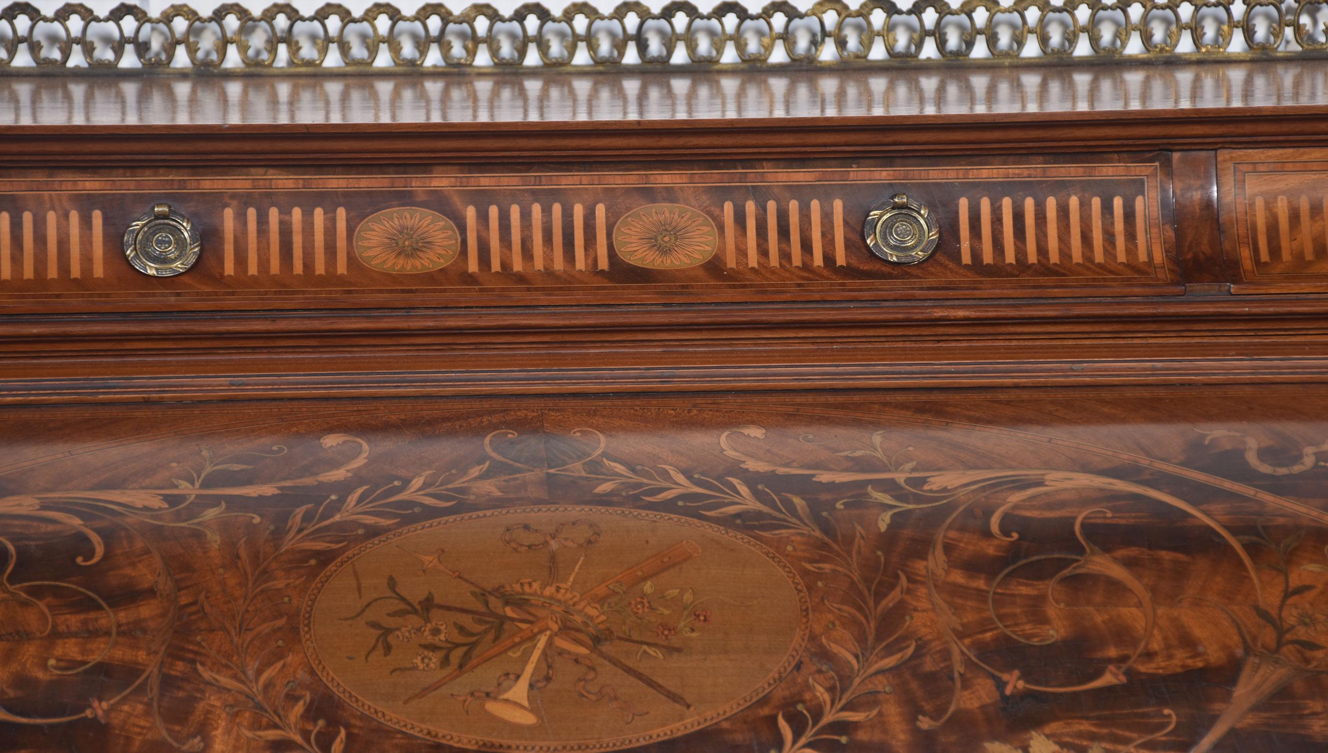 Wood Sheraton Revival marquetry inlaid cylinder bureau For Sale