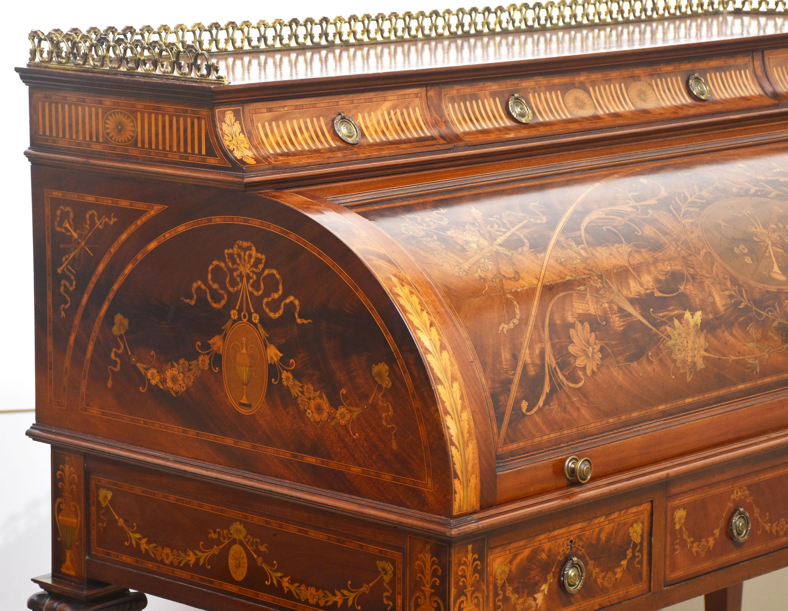 Sheraton Revival marquetry inlaid cylinder bureau For Sale 2