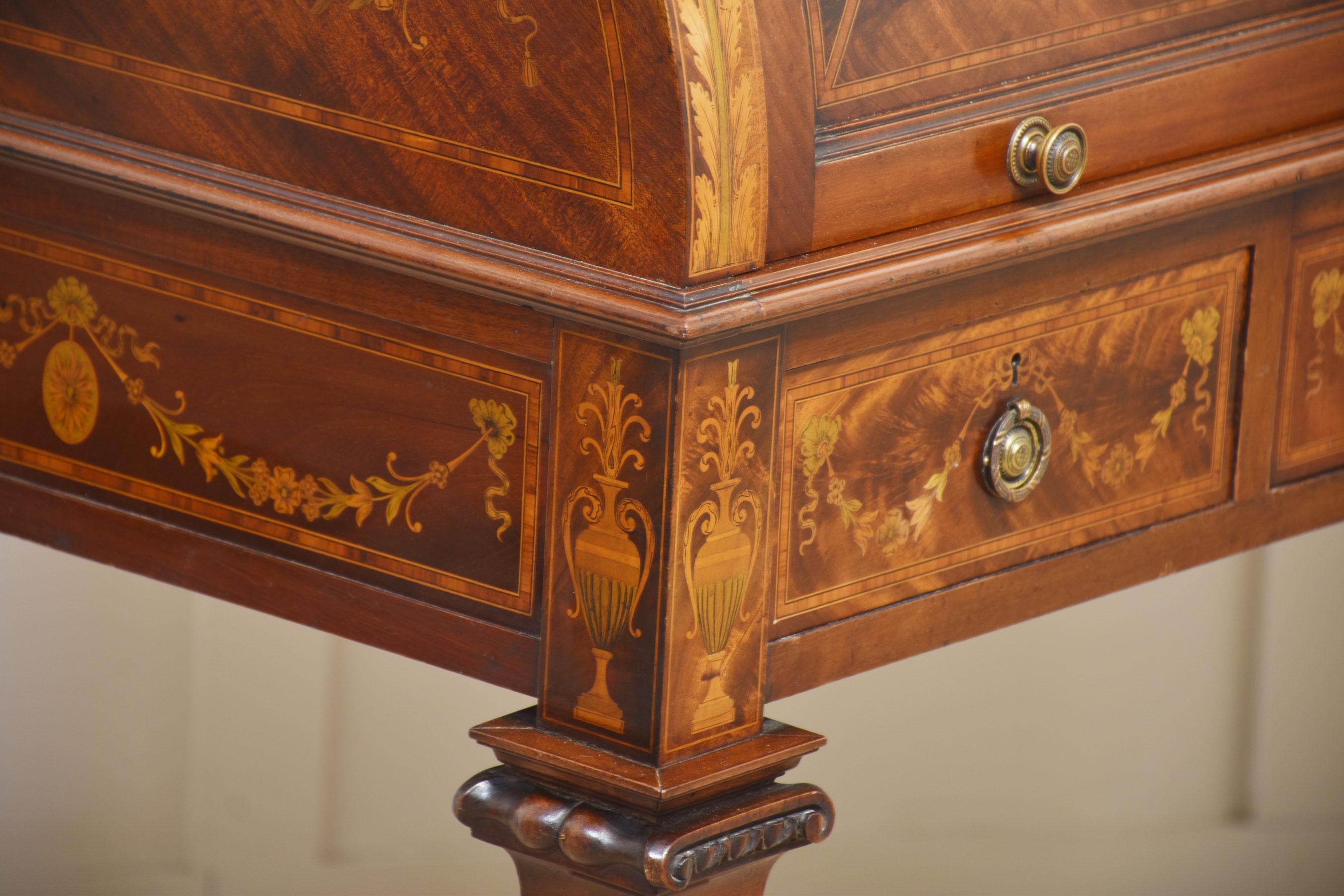 Sheraton Revival marquetry inlaid cylinder bureau For Sale 3