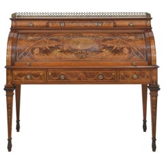 Antique Sheraton Revival marquetry inlaid cylinder bureau