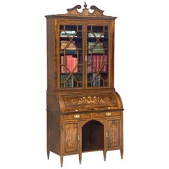 Sheraton Revival Rosewood Cylinder Bureau Bookcase