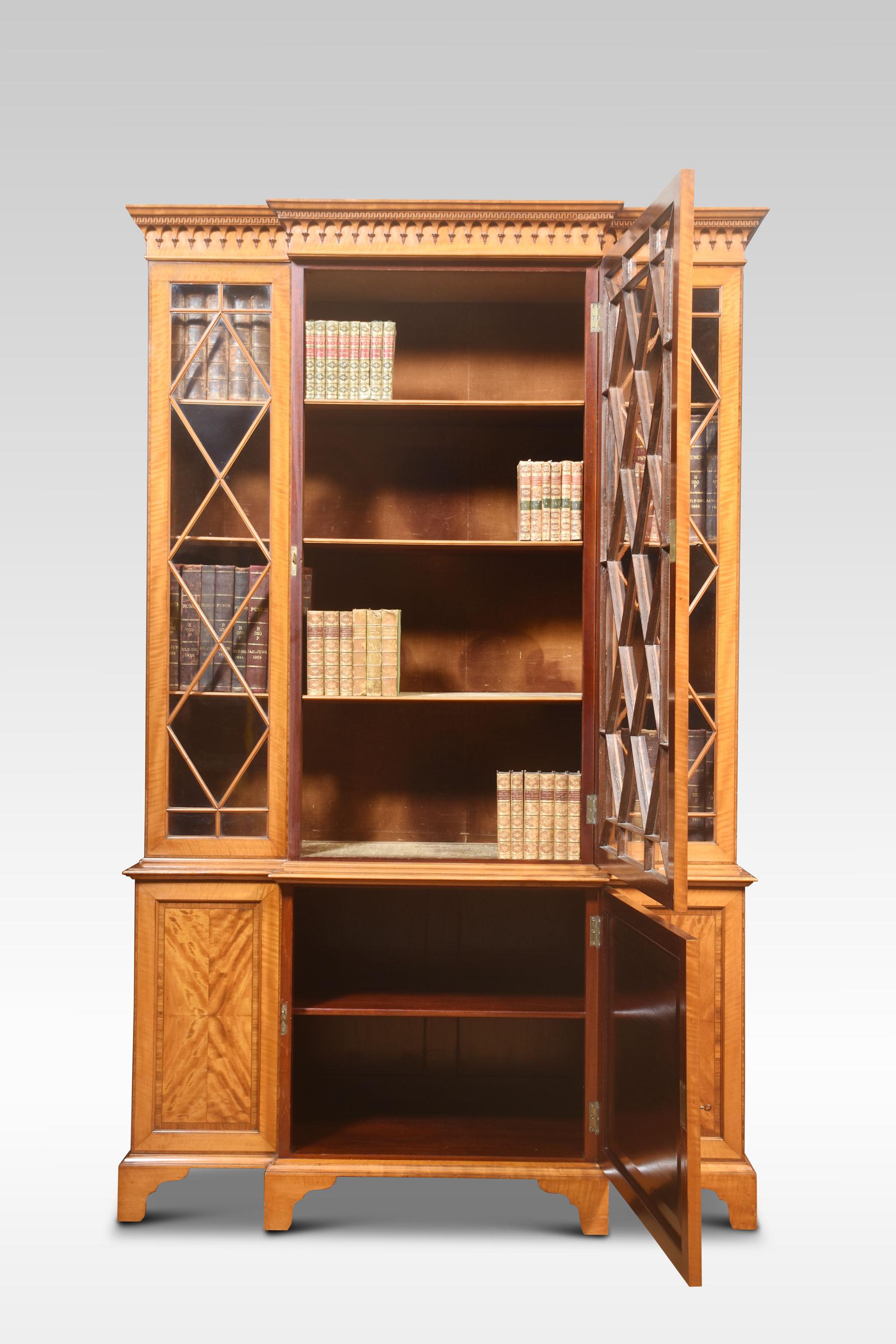 British Sheraton Revival Satinwood Breakfront Bookcase For Sale
