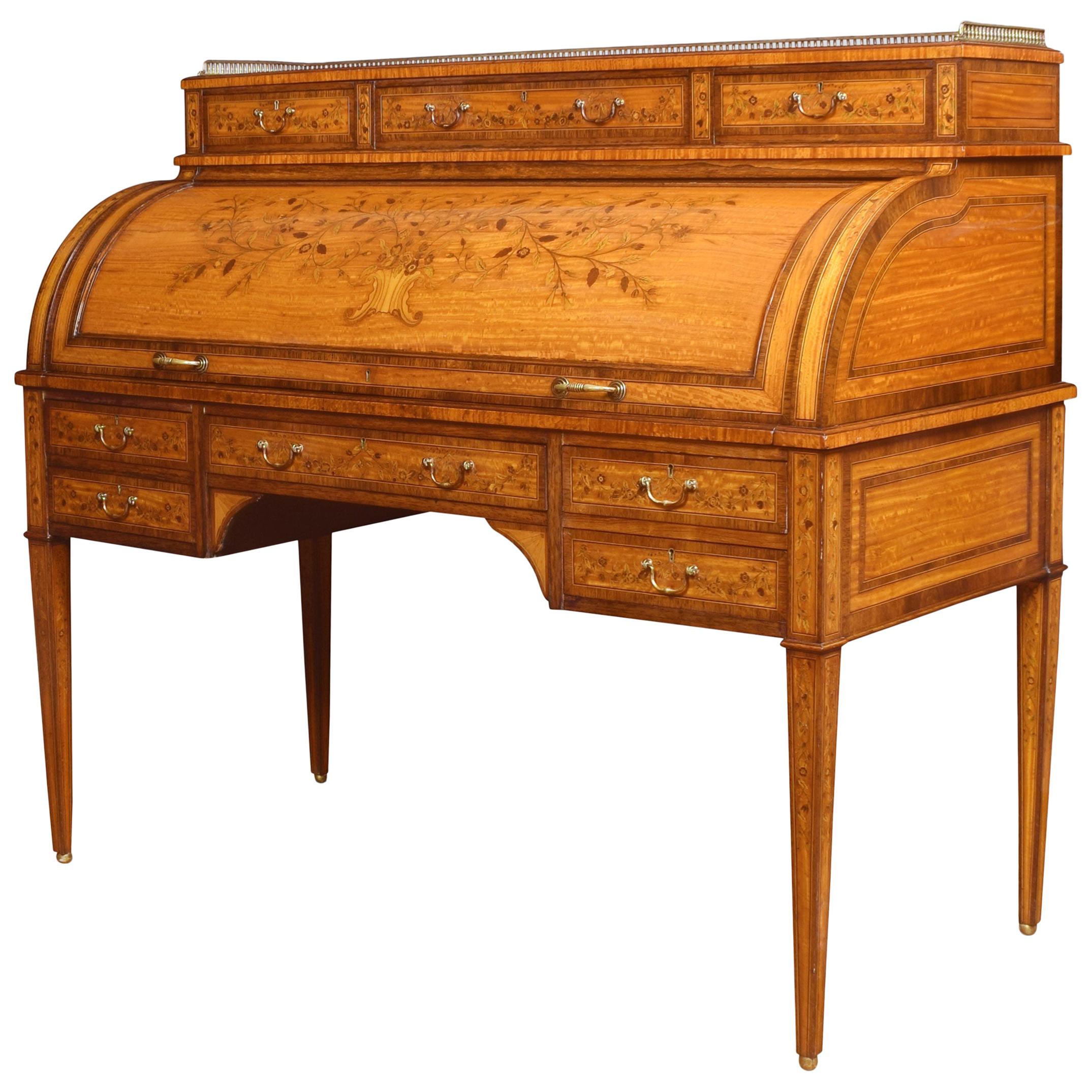 Sheraton Revival Satinwood Cylinder Bureau