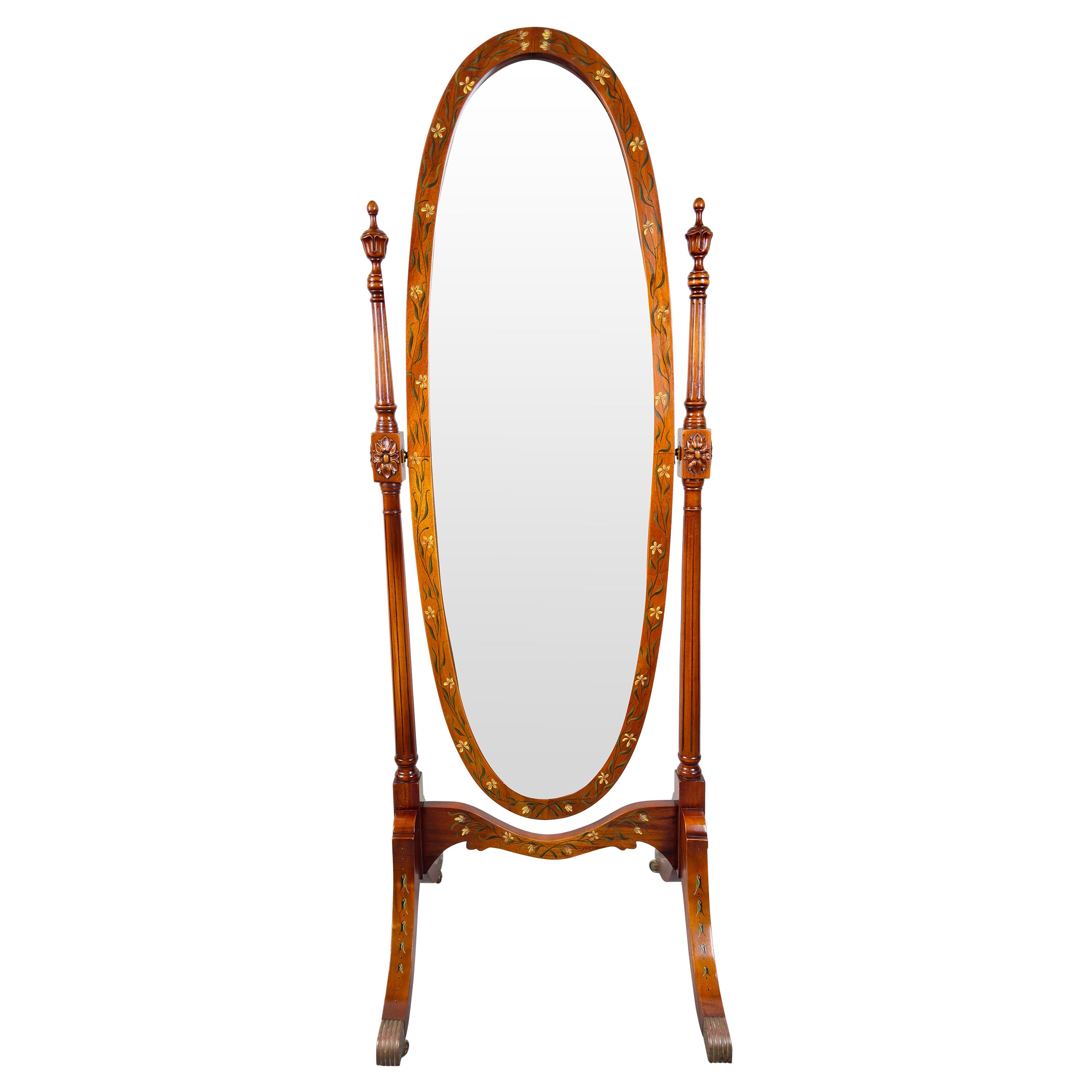 Miroir ovale de style Sheraton Revival peint à la main, à motifs floraux