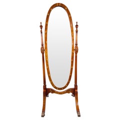 Sheraton Revival Style Cheval Oval Hand Painted Floral Design Mahogany Mirror