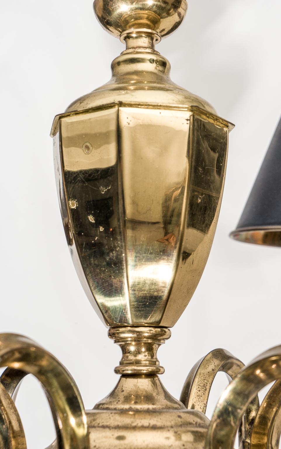 20th Century Sheraton Style Brass Chandelier 6-Light Black Shades