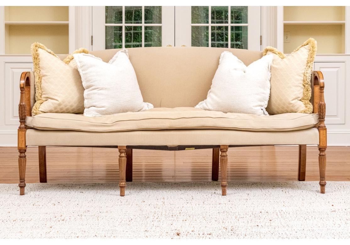 Sheraton Style Custom Upholstered Sofa with Inlaid Frame In Fair Condition For Sale In Bridgeport, CT