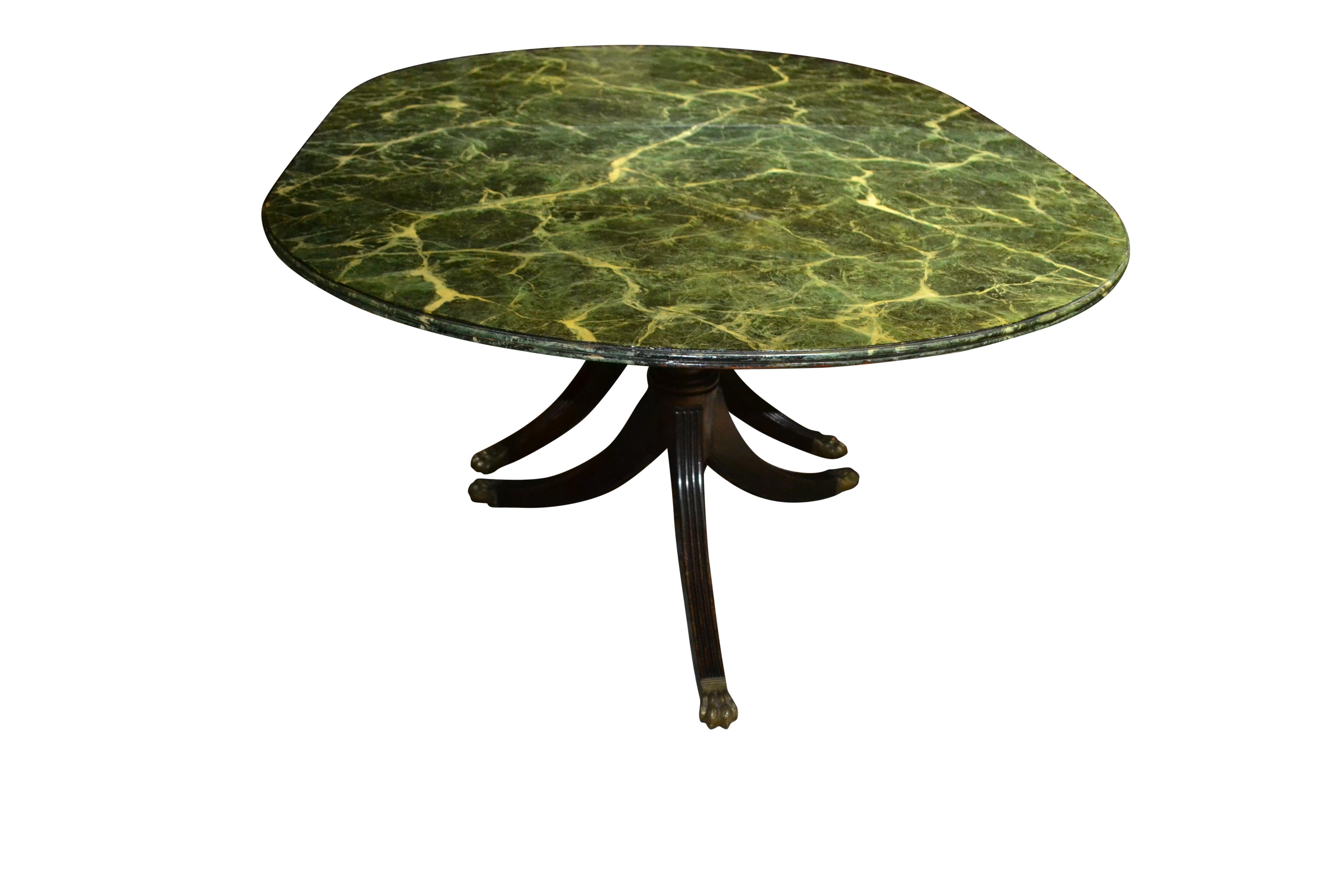 An early 20thC twin pedestal dining table in the Sheraton/Duncan Phyfe style. The table is unique in that the top has been expertly painted to resemble sea-green marble. The single leaf is also painted such that the colours and veins in the marble