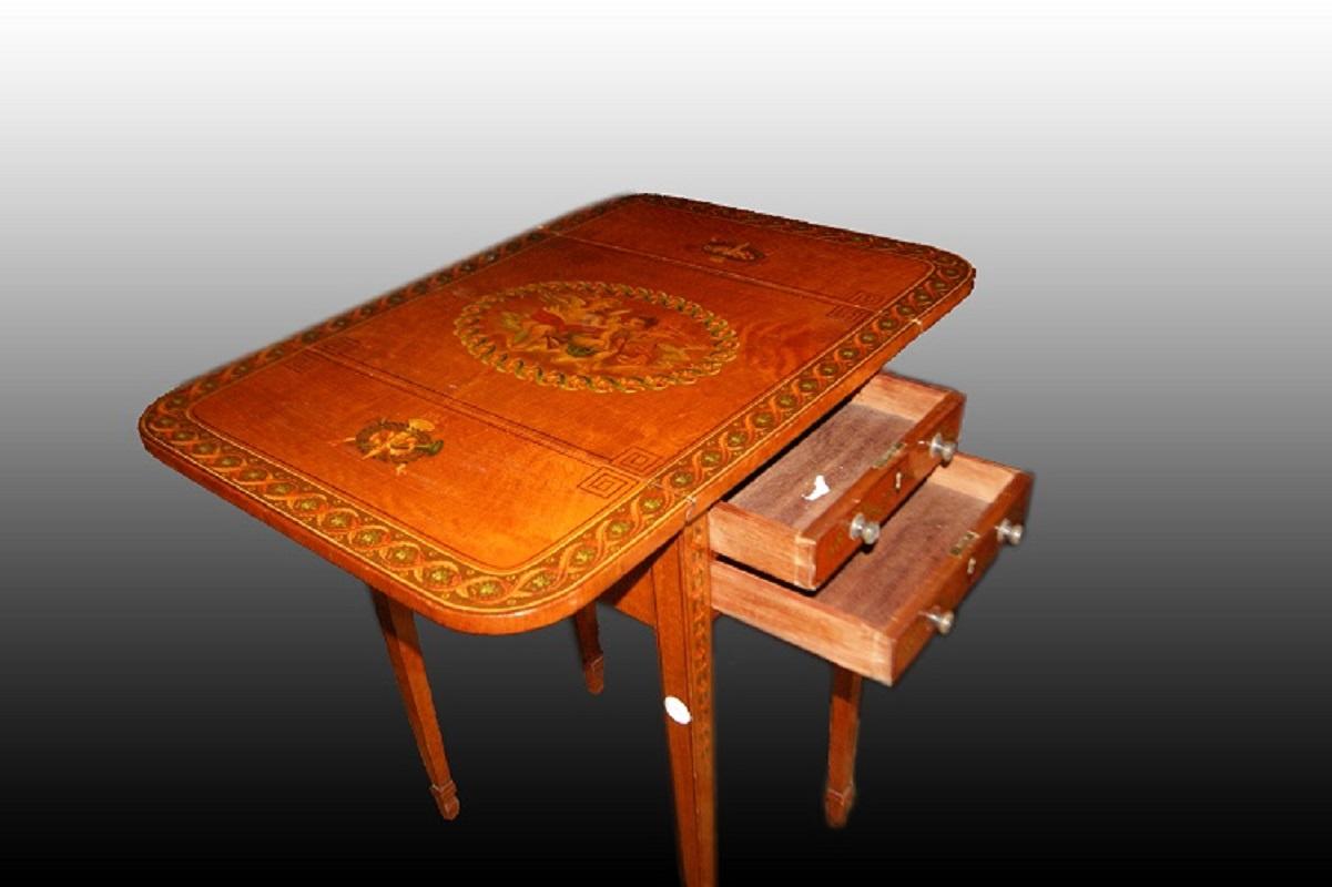 Satinwood Sheraton Style English Fliptop Table from the 19th Century with Paintings For Sale