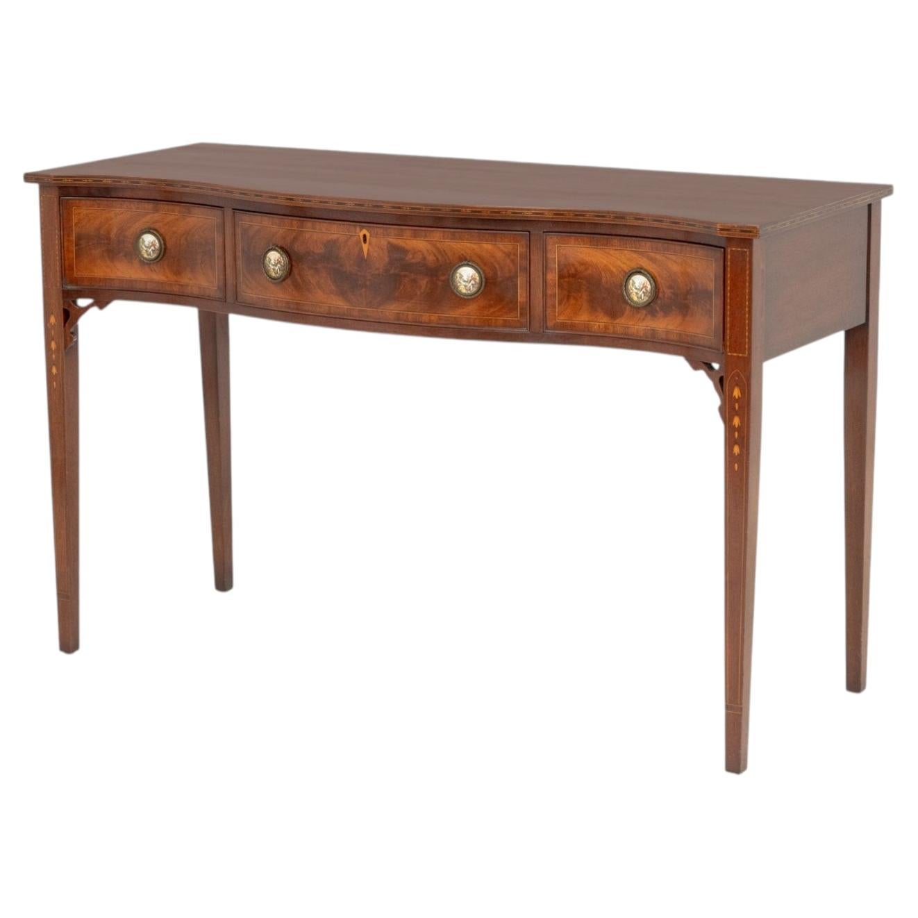 Sheraton Style Marquetry Inlaid Flame Mahogany Serpentine Hall Table For Sale