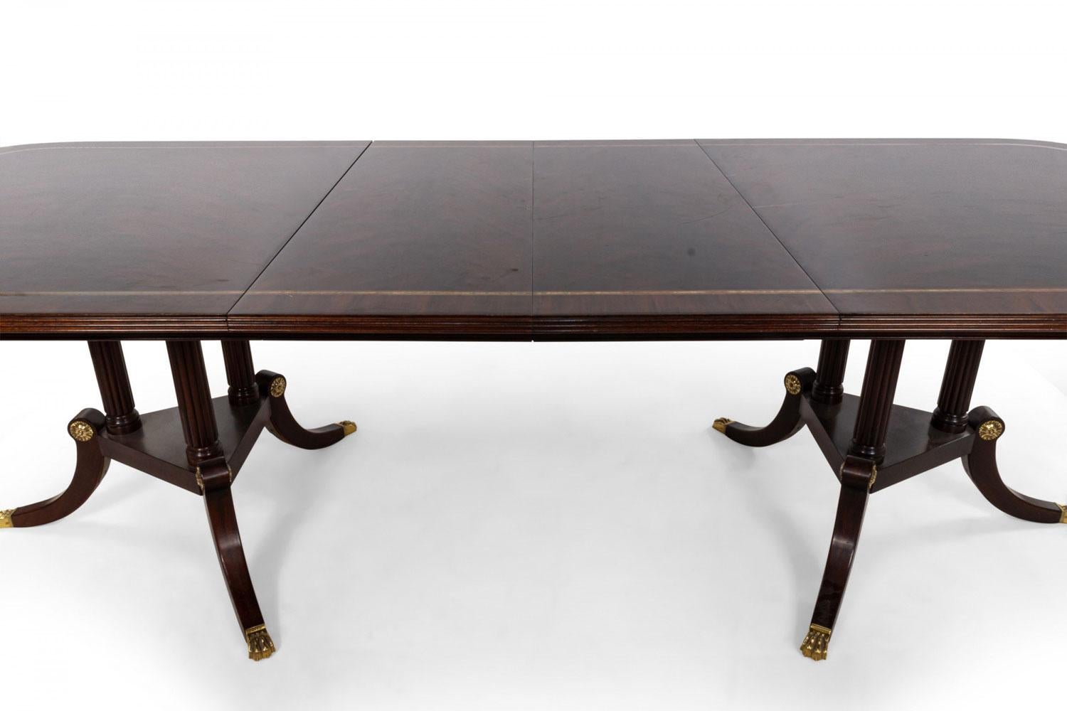 Gilt Sheraton Style Mahogany Dining Table with Inlay and Paw Feet For Sale