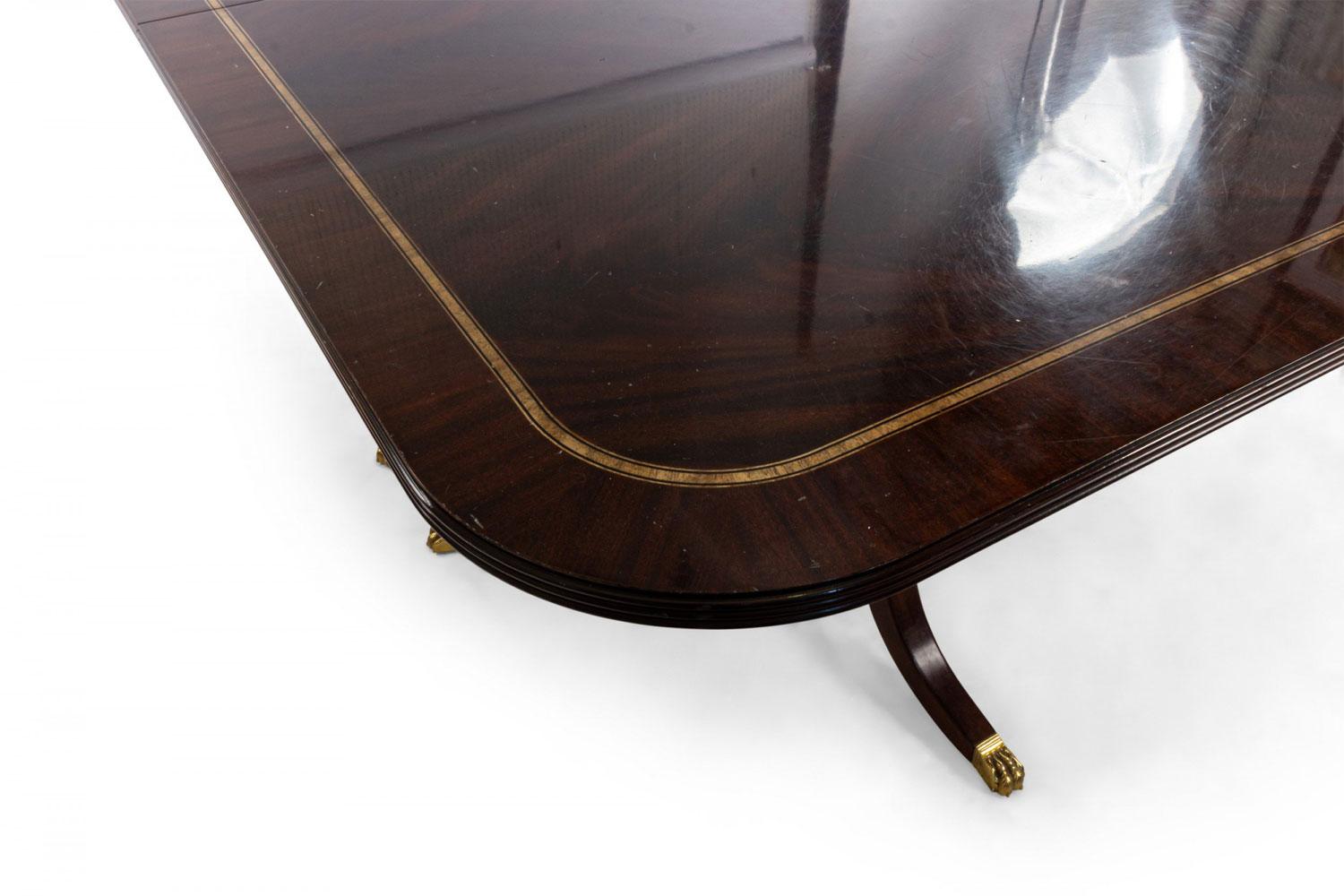 Bronze Sheraton Style Mahogany Dining Table with Inlay and Paw Feet For Sale