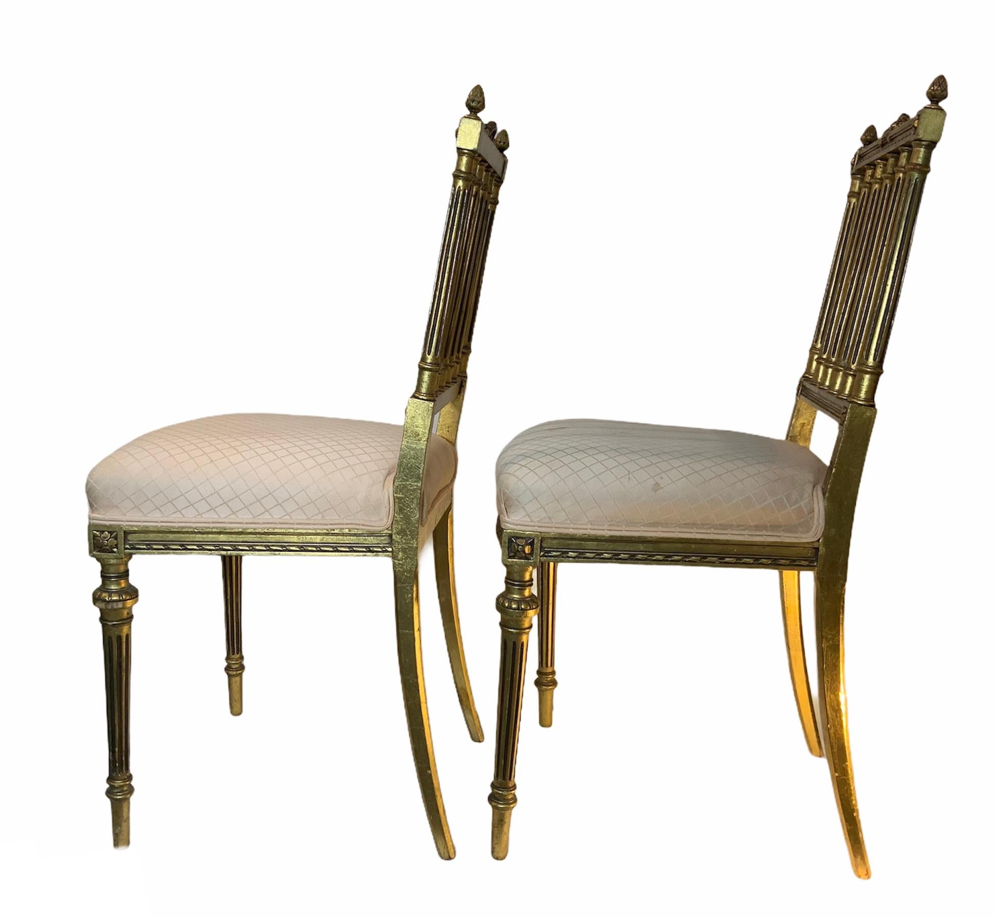 Hand-Carved Sheraton Style Pair of Gilt Wood Parlor Chairs