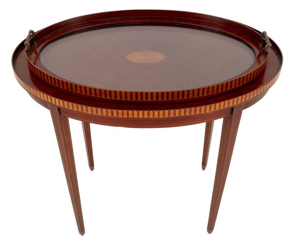 Sheraton Style Parquetry Inlaid Mahogany Oval Tray and Drinks Table. Table: 27.5