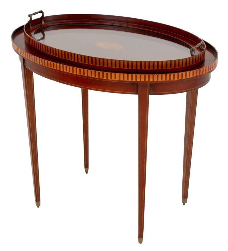 Sheraton Style Parquetry Mahogany Oval Tray Table For Sale 1
