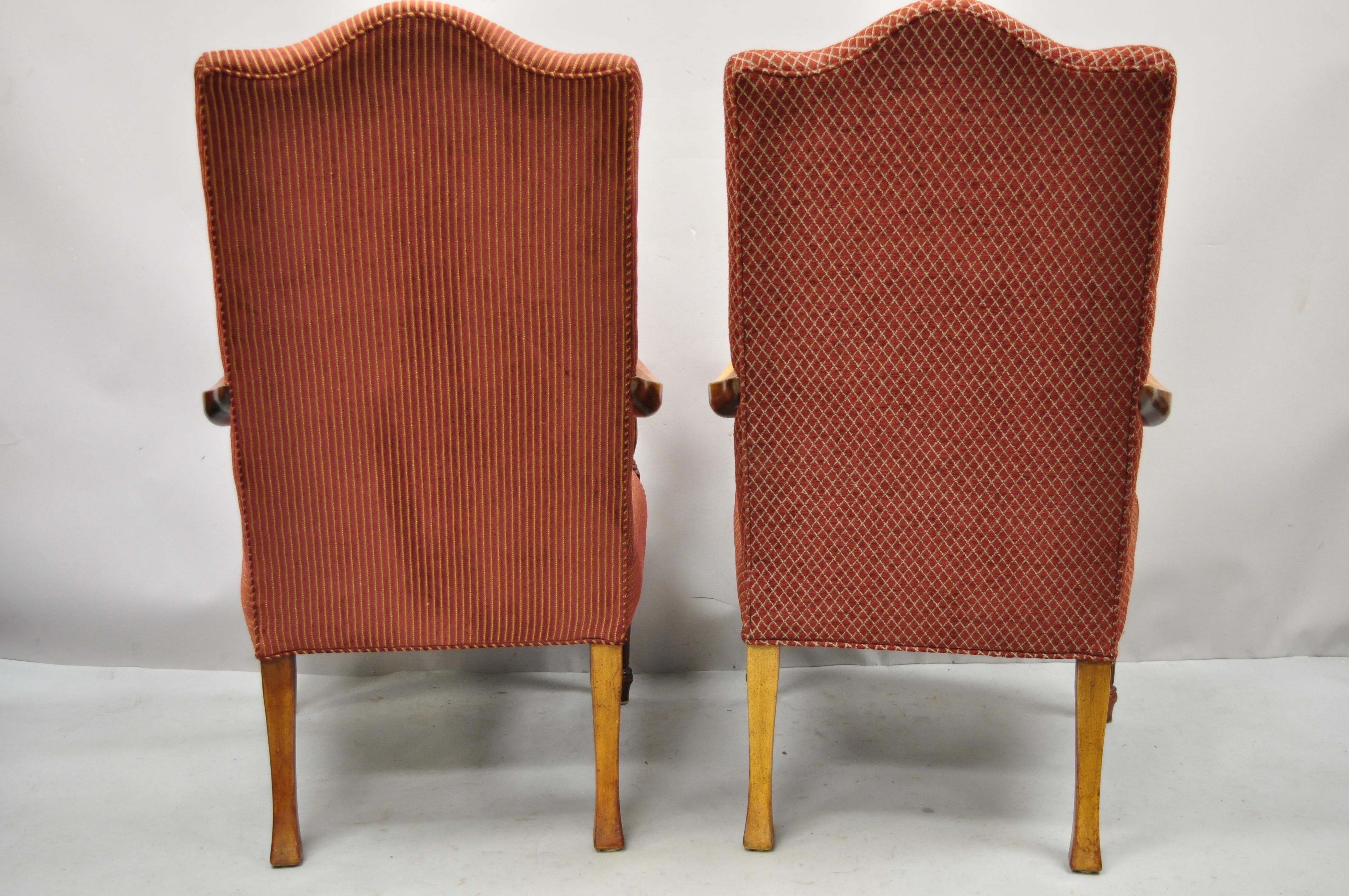 Sheraton Style Red Upholstered High Back Fireside Lounge Arm Chairs, a Pair 4