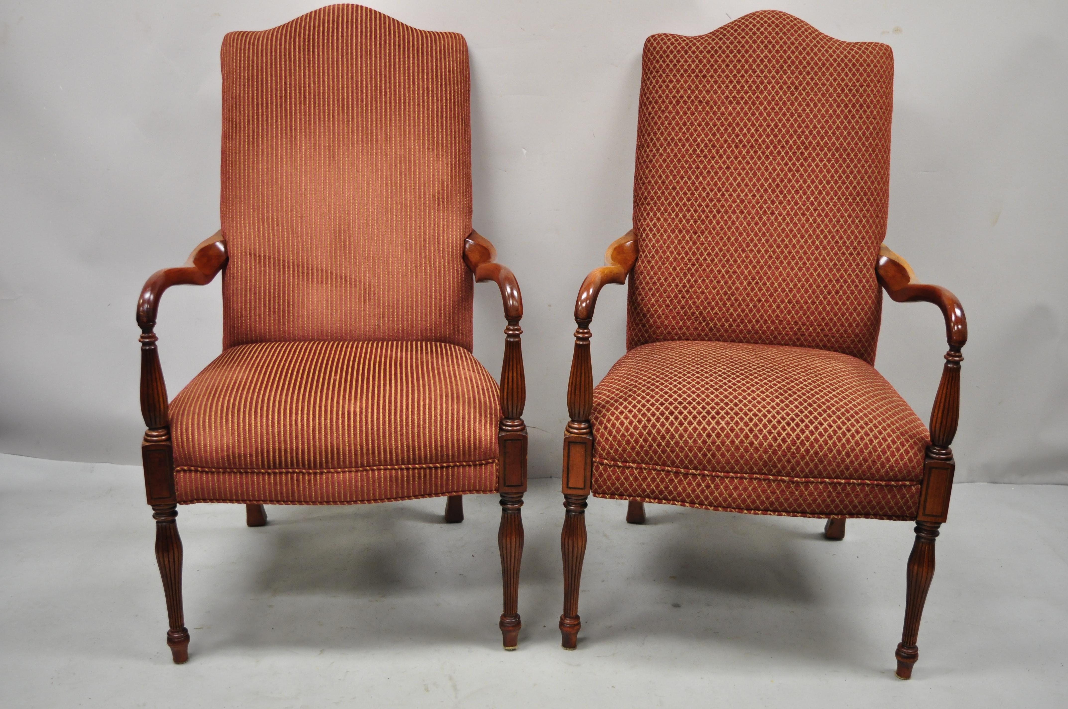 Sheraton Style Red Upholstered High Back Fireside Lounge Arm Chairs, a Pair 5