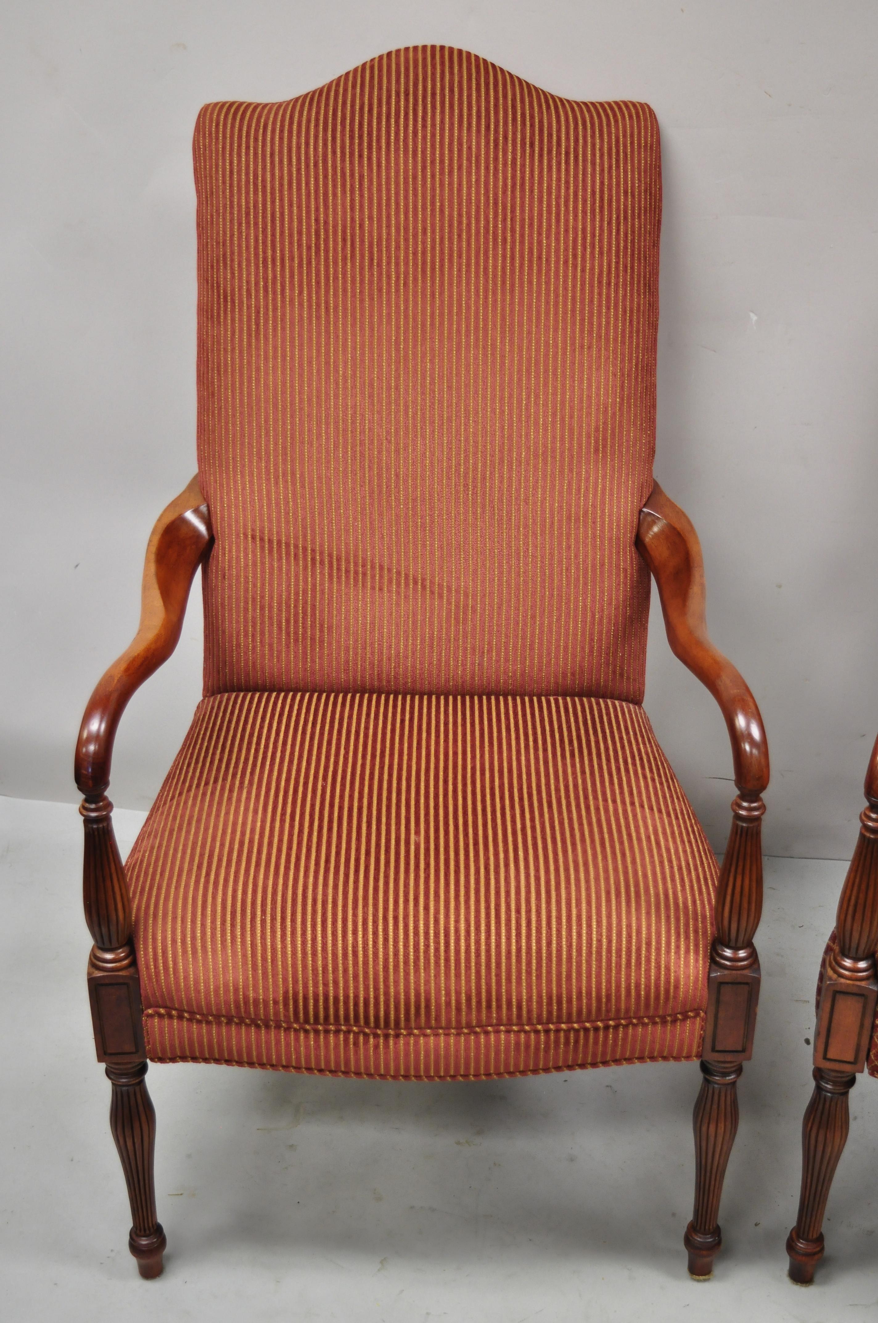 North American Sheraton Style Red Upholstered High Back Fireside Lounge Arm Chairs, a Pair