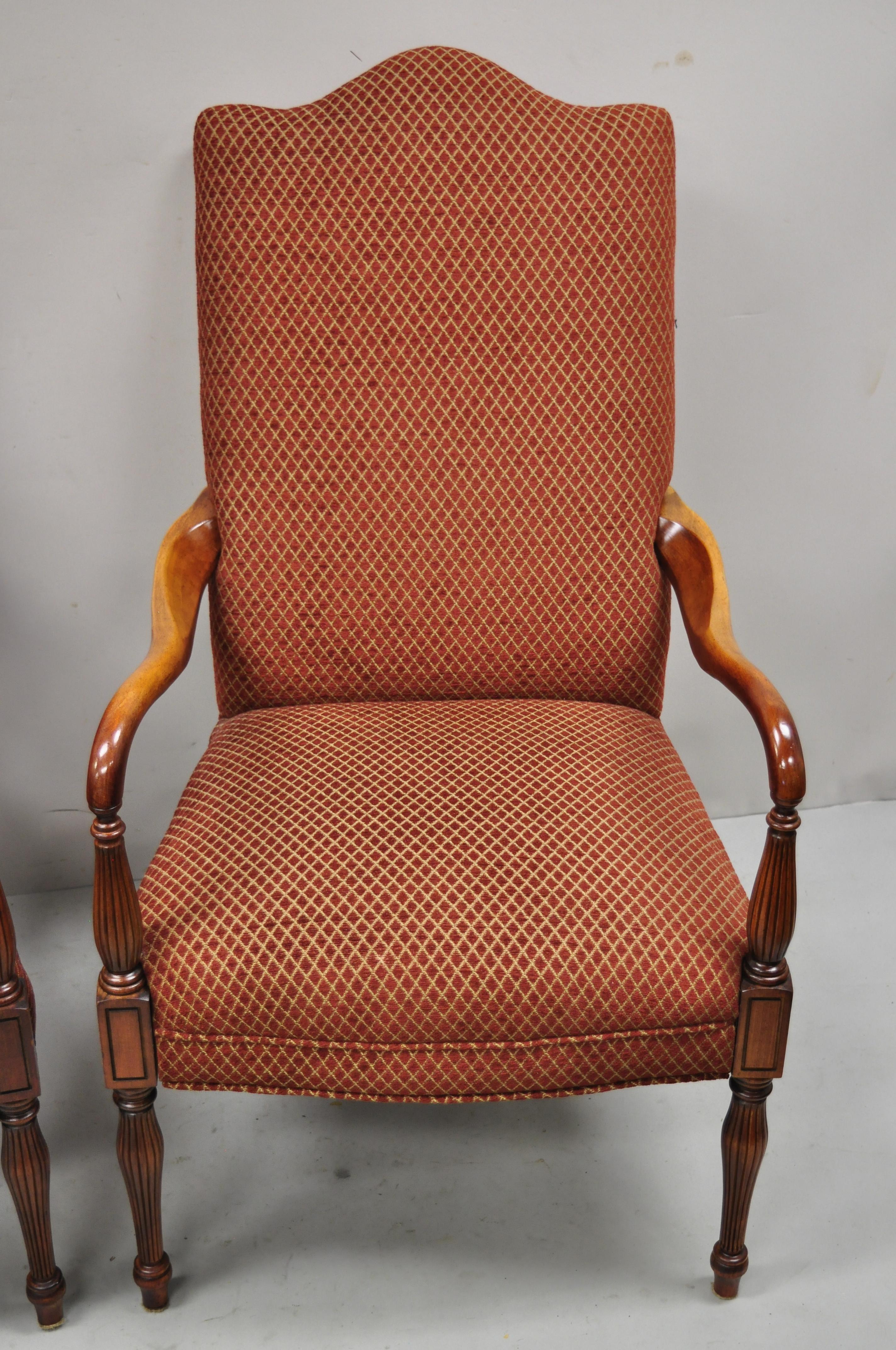 Sheraton Style Red Upholstered High Back Fireside Lounge Arm Chairs, a Pair In Good Condition In Philadelphia, PA