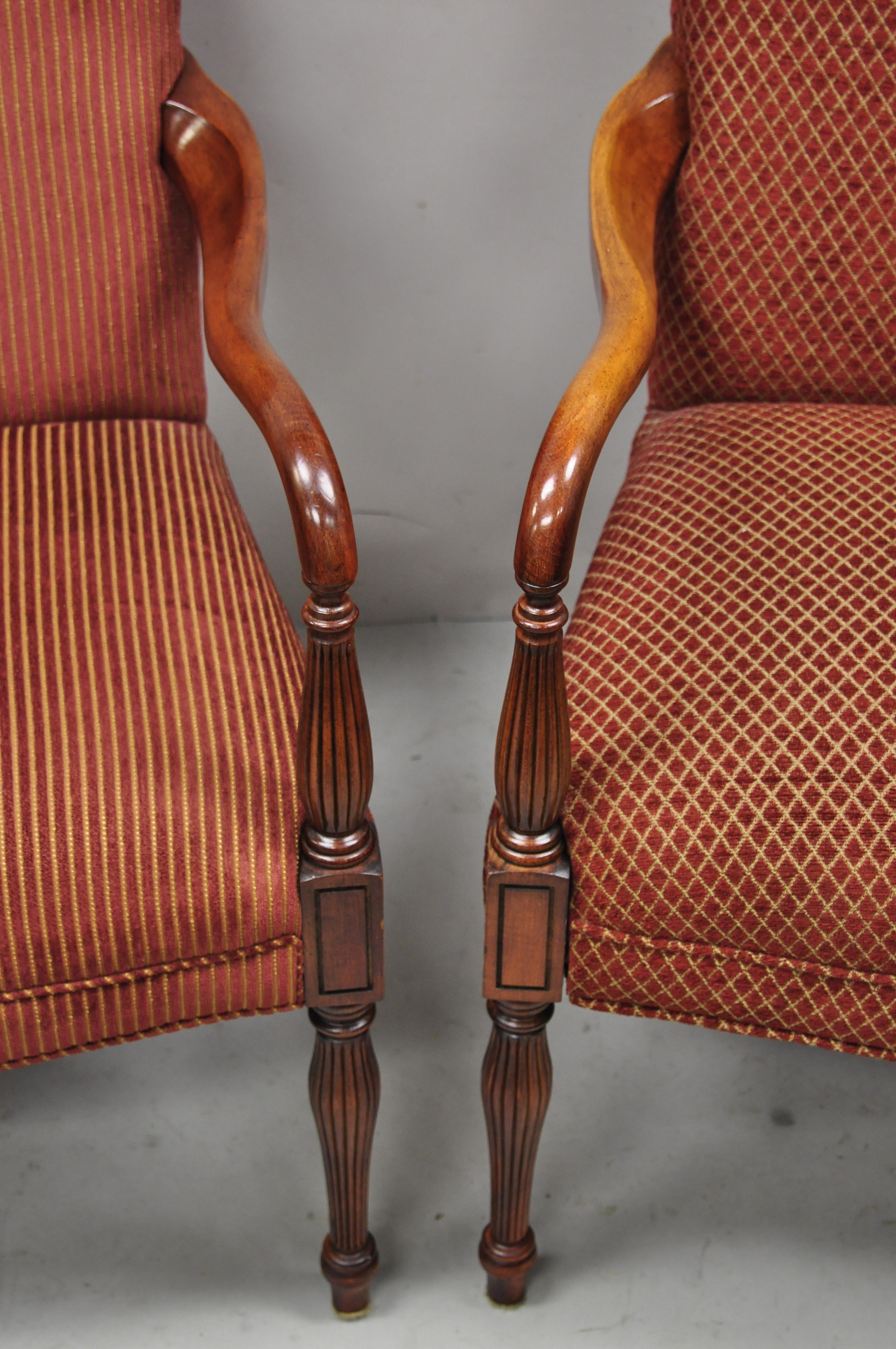 Fabric Sheraton Style Red Upholstered High Back Fireside Lounge Arm Chairs, a Pair