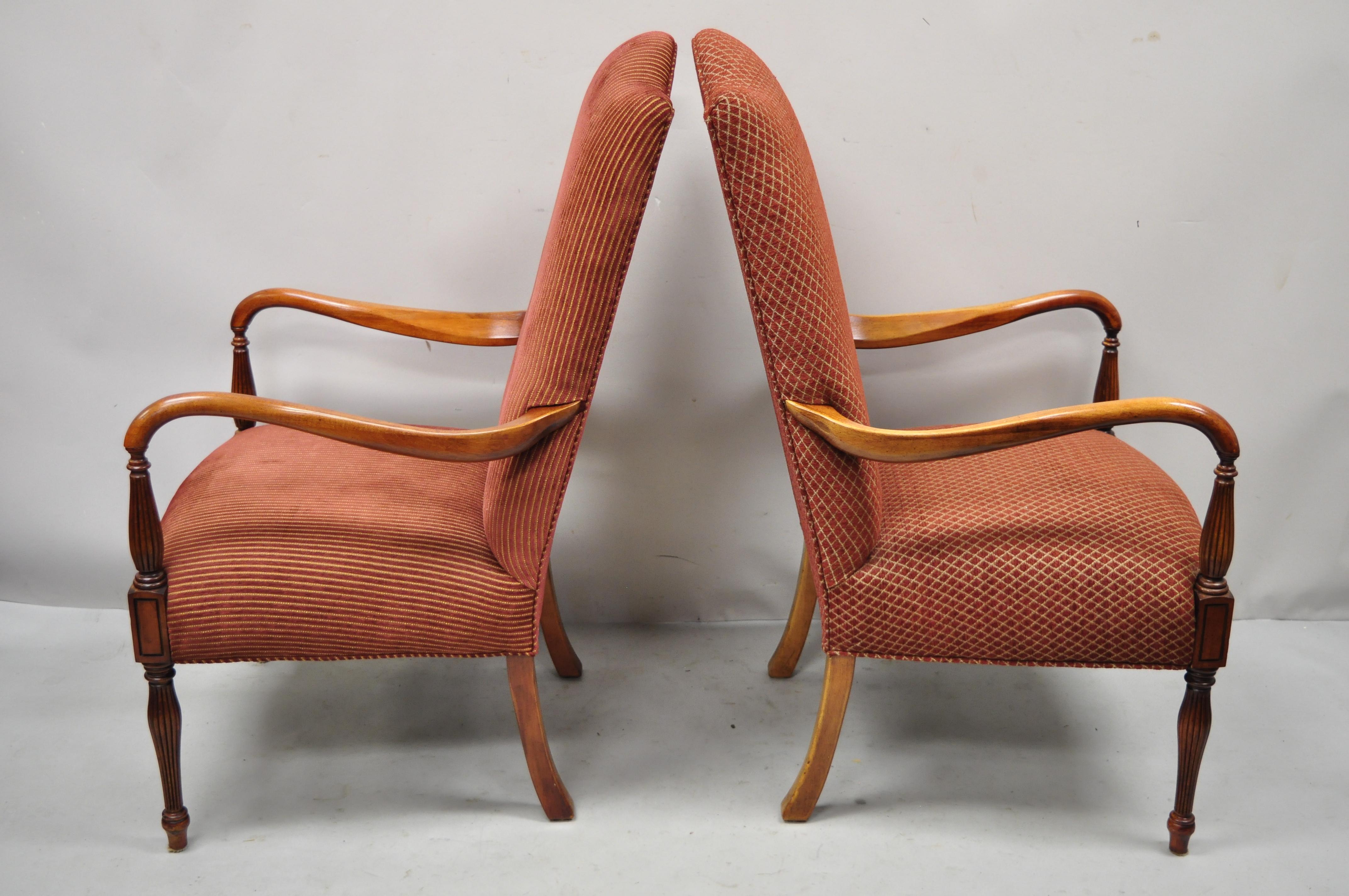 Sheraton Style Red Upholstered High Back Fireside Lounge Arm Chairs, a Pair 1