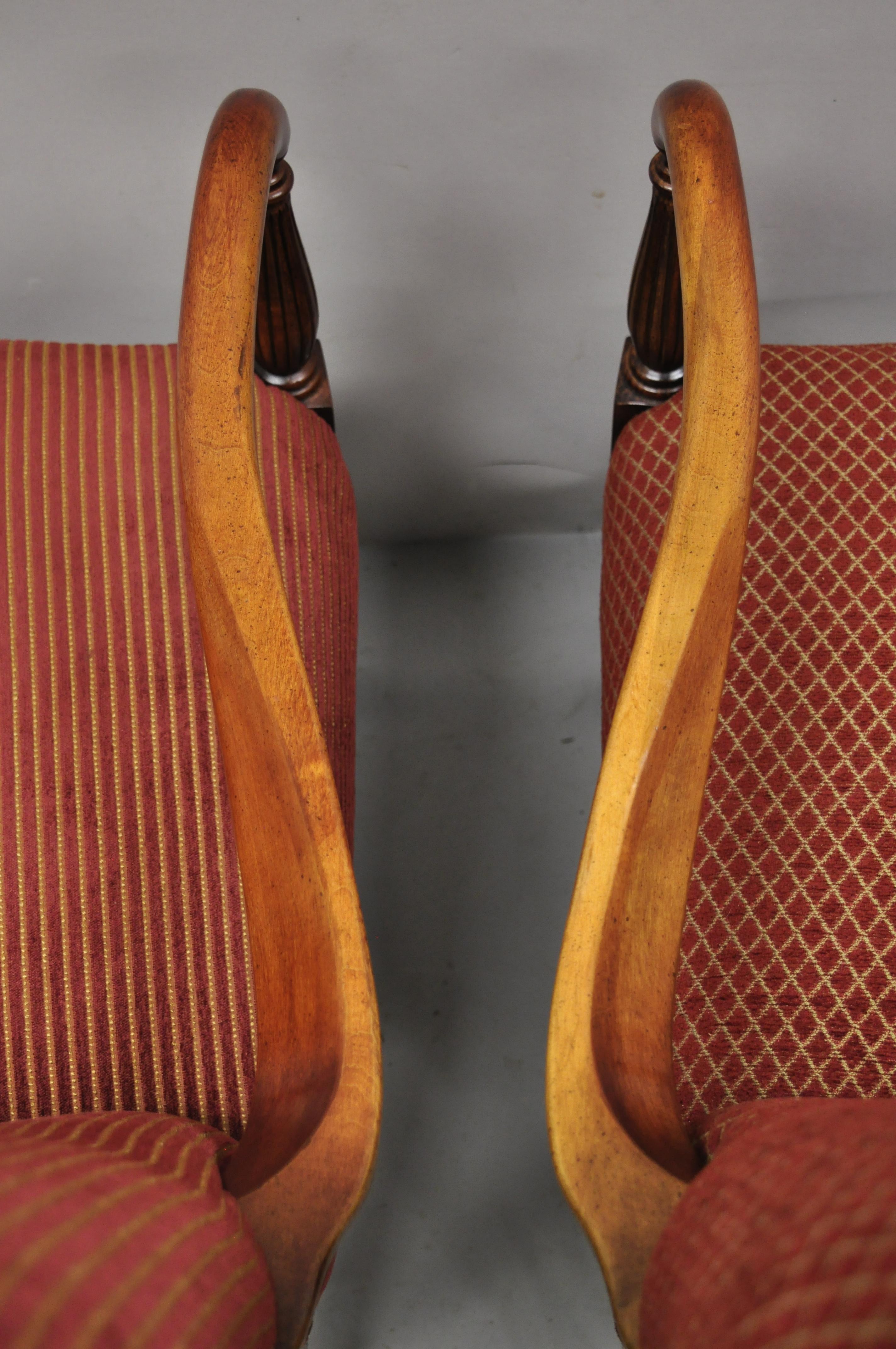 Sheraton Style Red Upholstered High Back Fireside Lounge Arm Chairs, a Pair 2