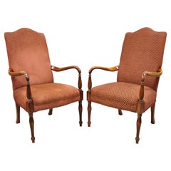 Sheraton Style Red Upholstered High Back Fireside Lounge Arm Chairs, a Pair