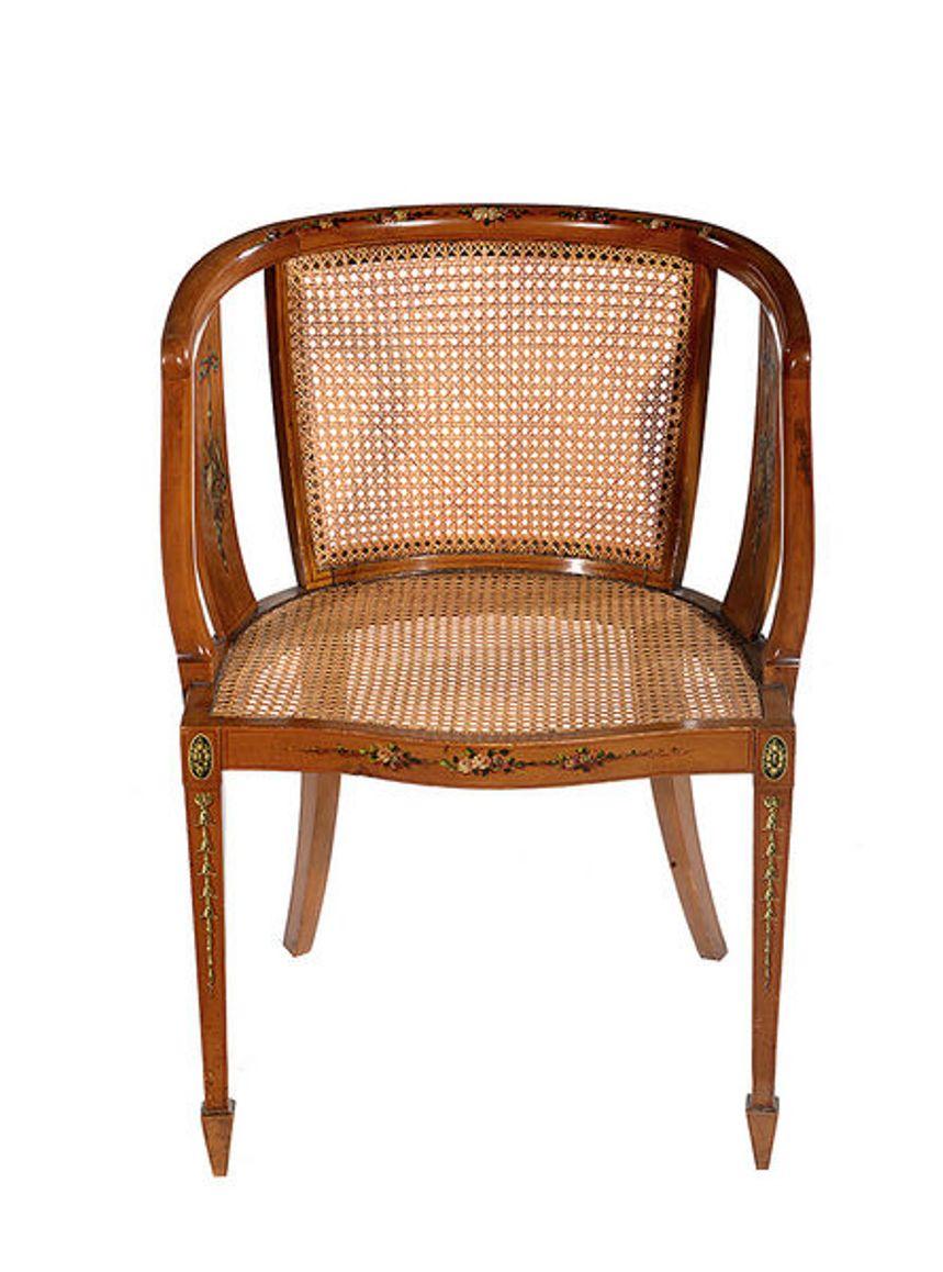 Early 20th Century Sheraton Style Satinwood Occasional Chair with Painted Decoration For Sale