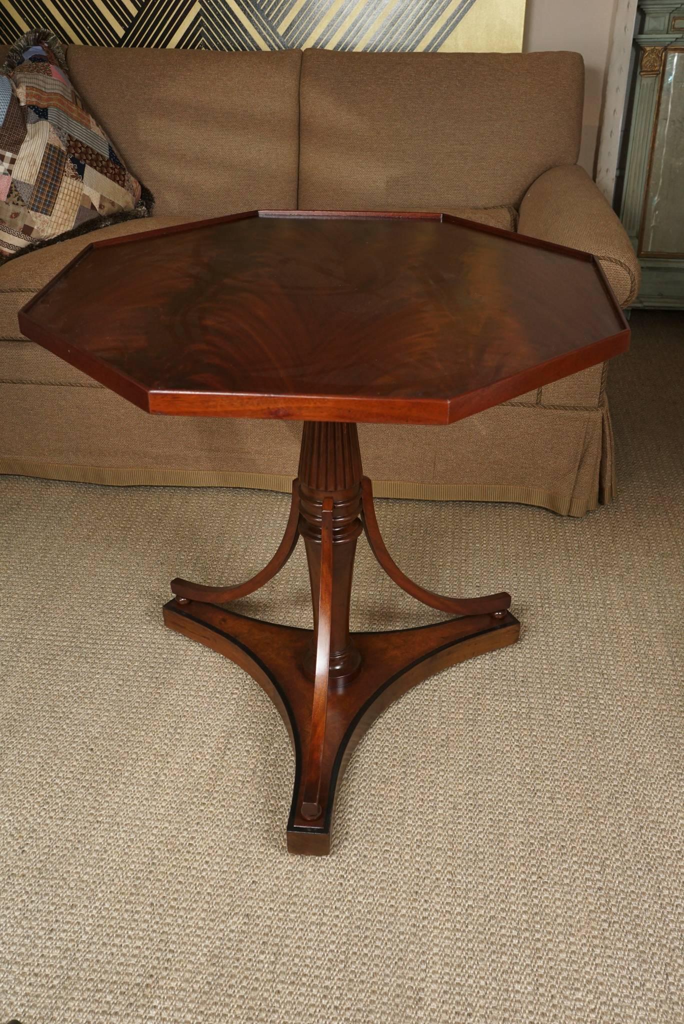 Here is a beautiful Sheraton style table with an octagonal top in a crotch mahogany.
The table has been restored with a new finish and is in excellent condition.
The table has a tripod pedestal base.