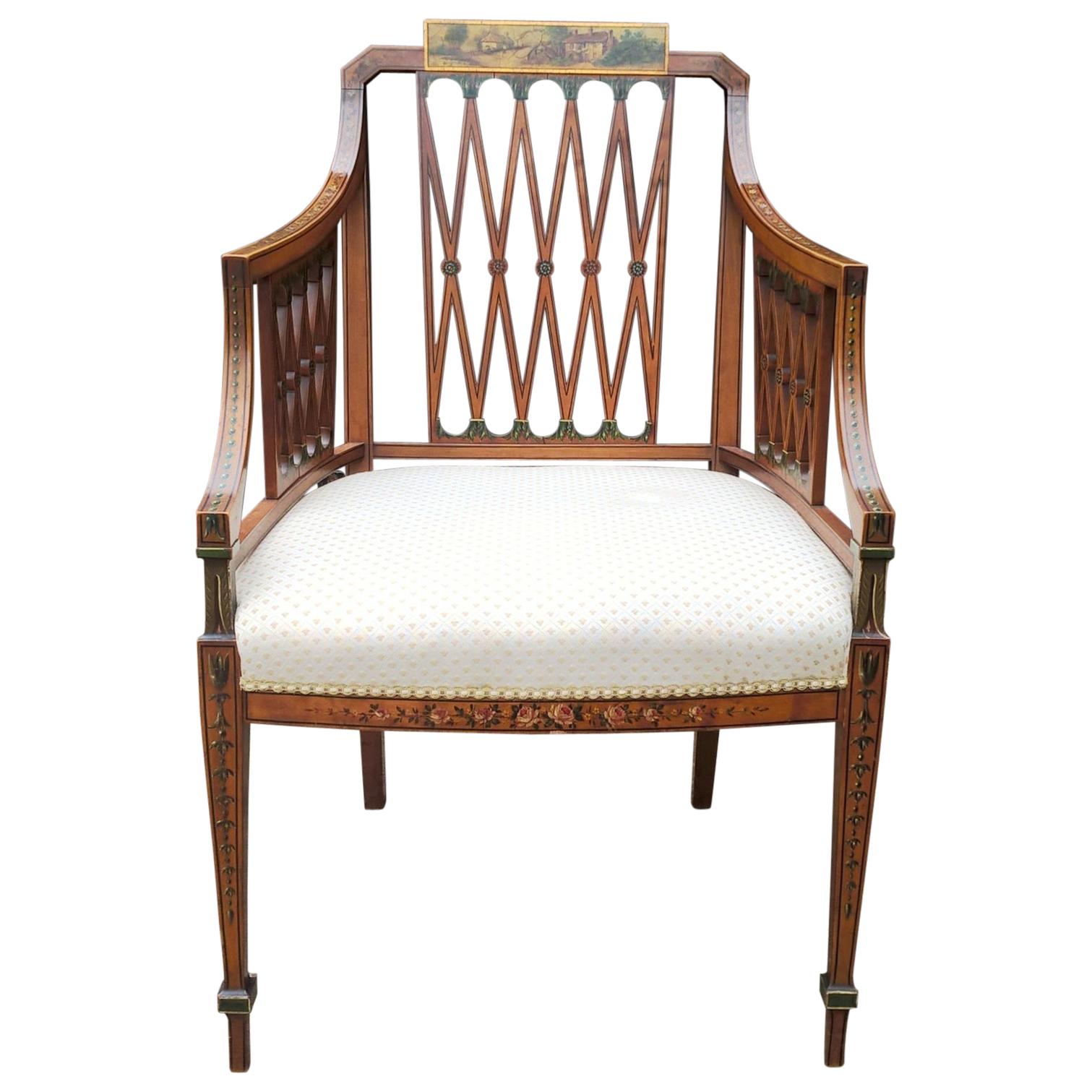 Sheraton Style Walnut Open Armchair Embellished with Hand Painted Decoration