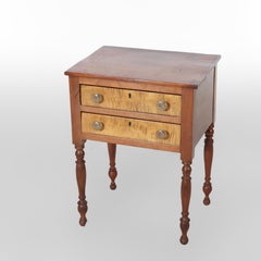 Sheraton Tiger Maple & Cherry 2-Drawer Sewing Table With Sandwich Glass Knobs