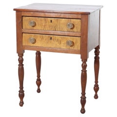 Sheraton Tiger Maple & Cherry 2-Drawer Sewing Table With Sandwich Glass Knobs
