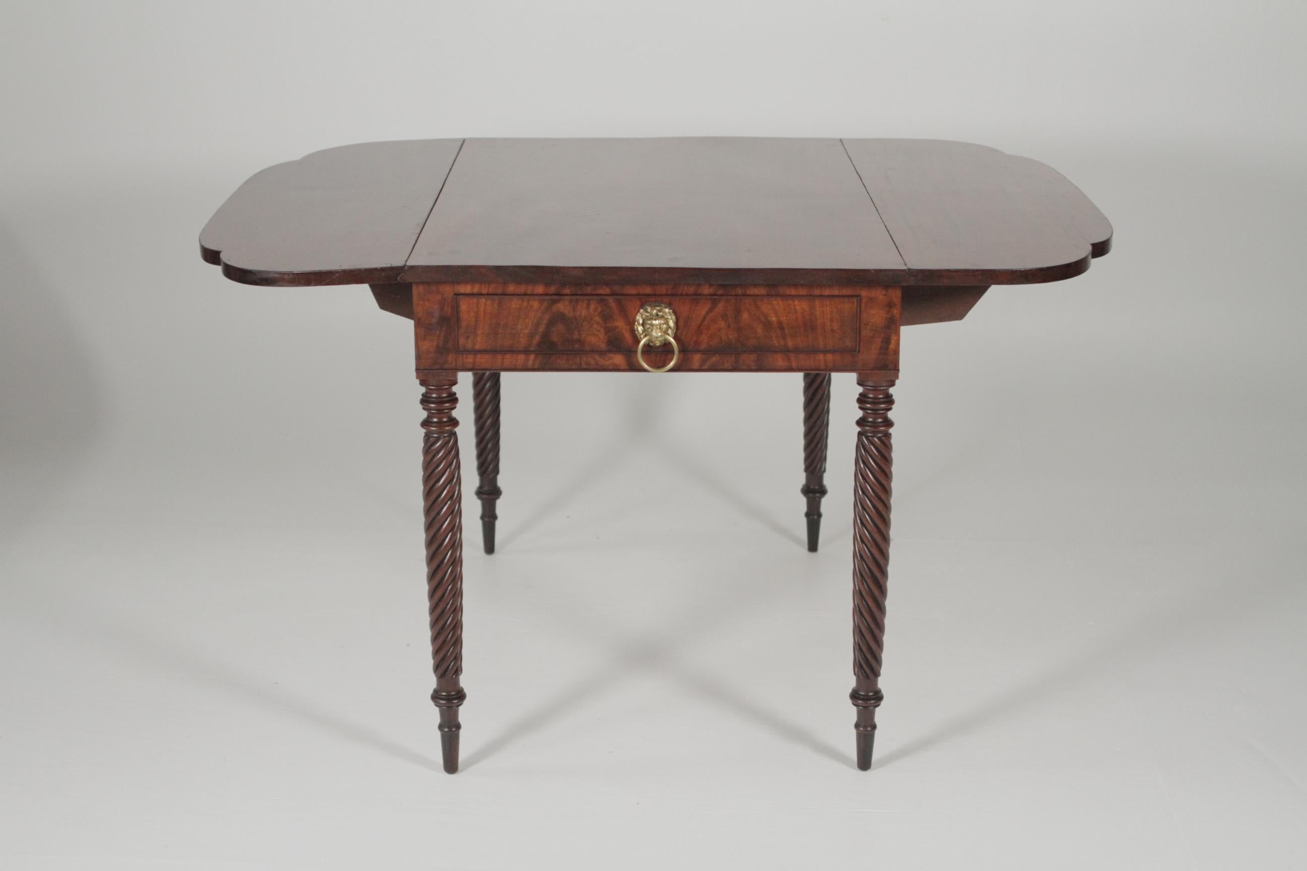 Mahogany Sheraton Twist Leg Drop-Leaf with One Drawer Table, circa 1820-1840