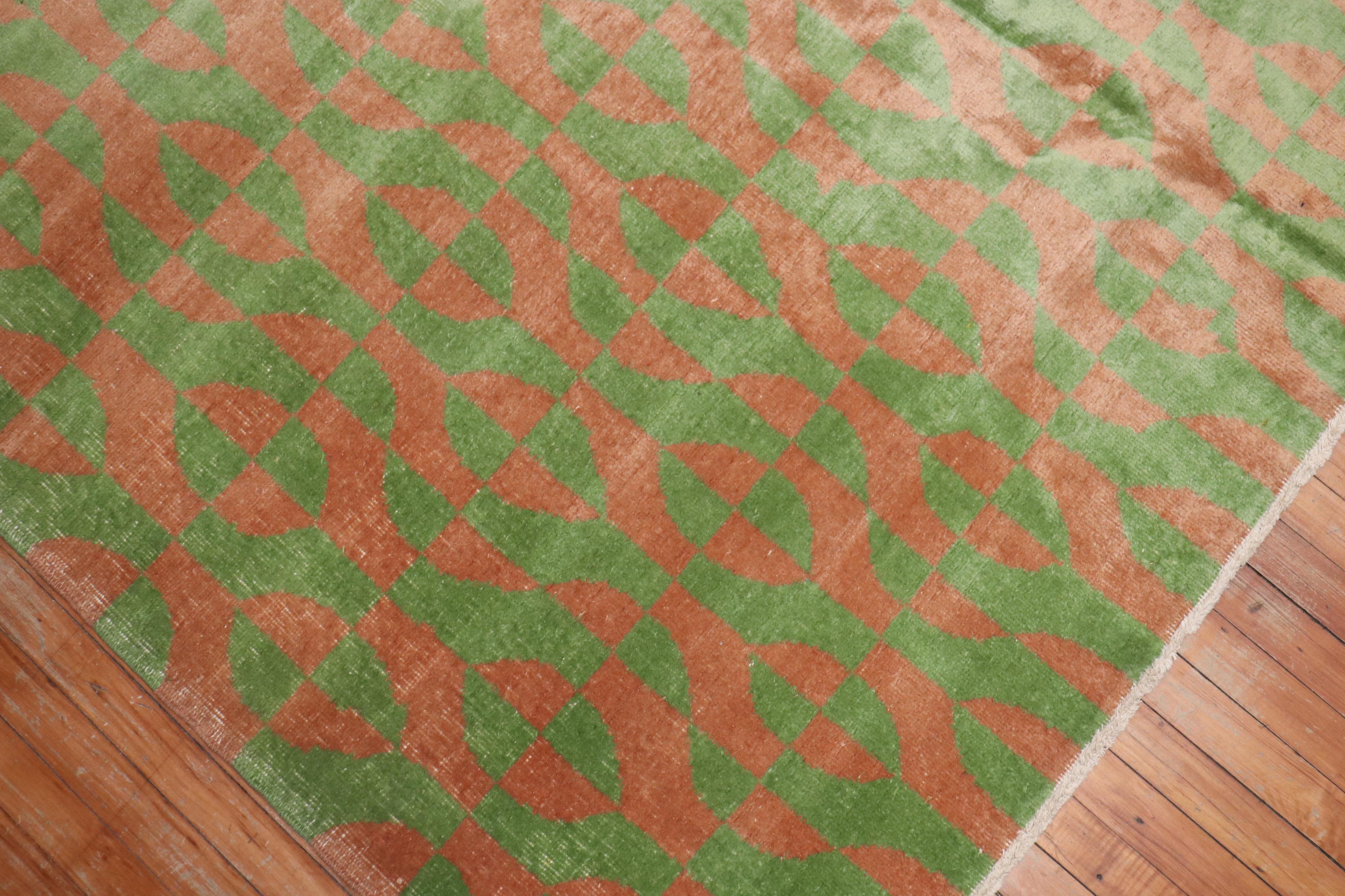 Sherbert Orange Neon Green Turkish Deco Rug In Good Condition For Sale In New York, NY