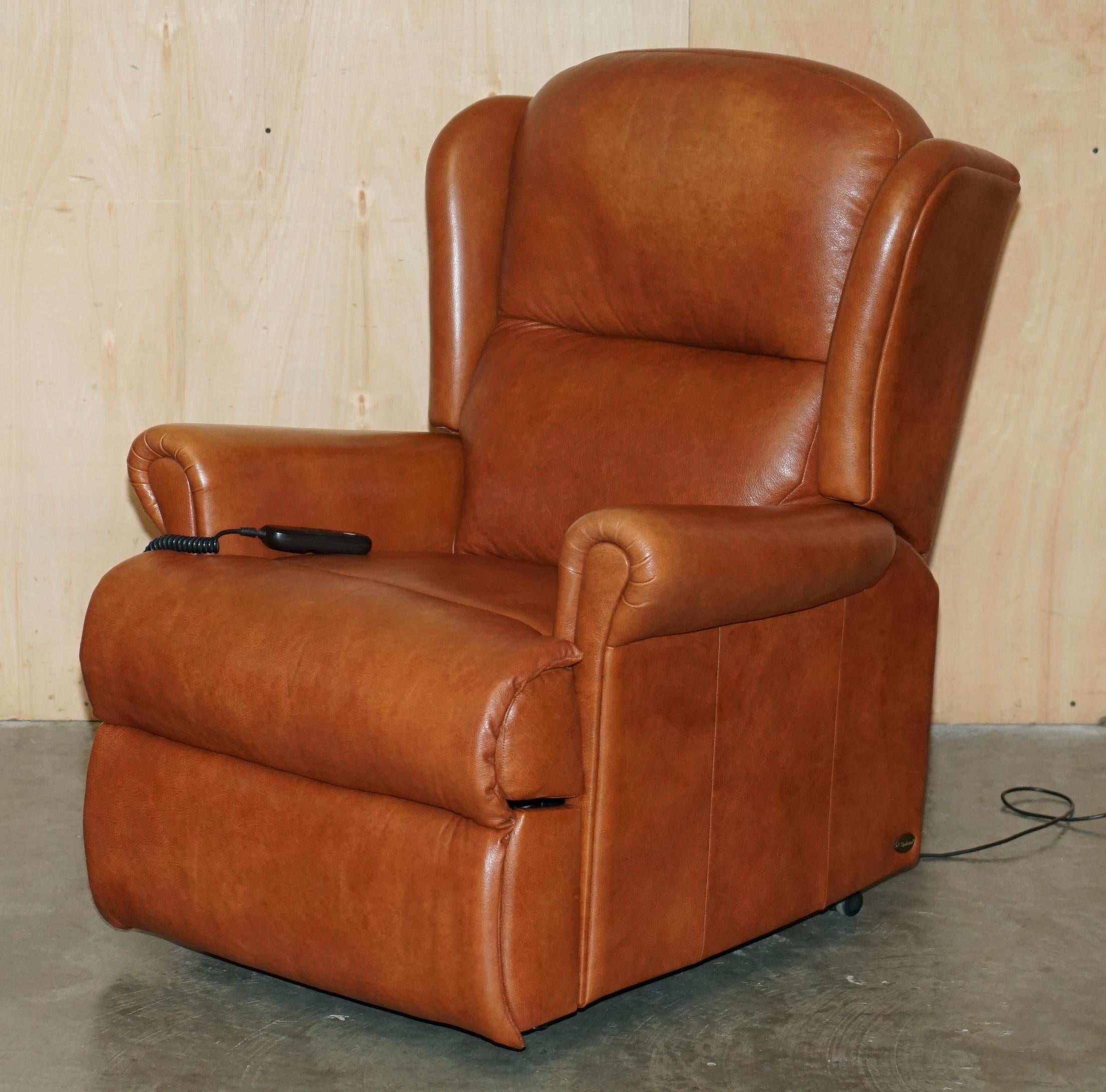Art Deco SHERBORNE LEATHER UPHOLSTERY PAIR OF RISE RECLINER ARMCHAiRS AND SOFA For Sale