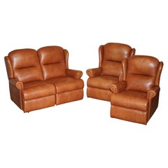 SHERBORNE LEATHER UPHOLSTERY PAIR OF RISE RECLINER ARMCHAiRS AND SOFA