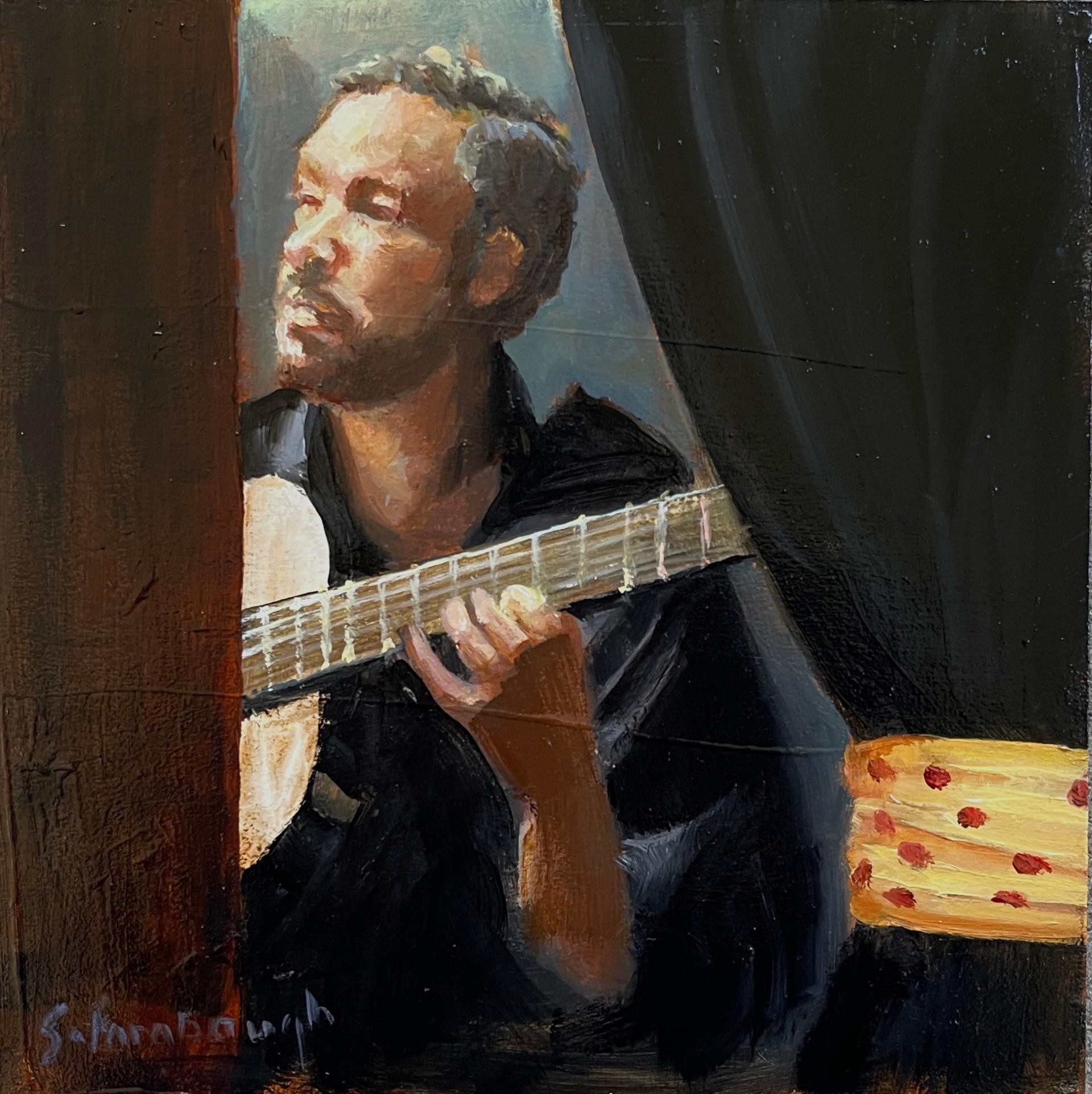 "Backstage at the Cardamomo" by Shari Farabaugh (United States) is a handmade oil painting that depicts a guitarist back stage. 

Sheri Farabaugh began painting after successful careers in tax accounting and biochemistry. A love of drawing and