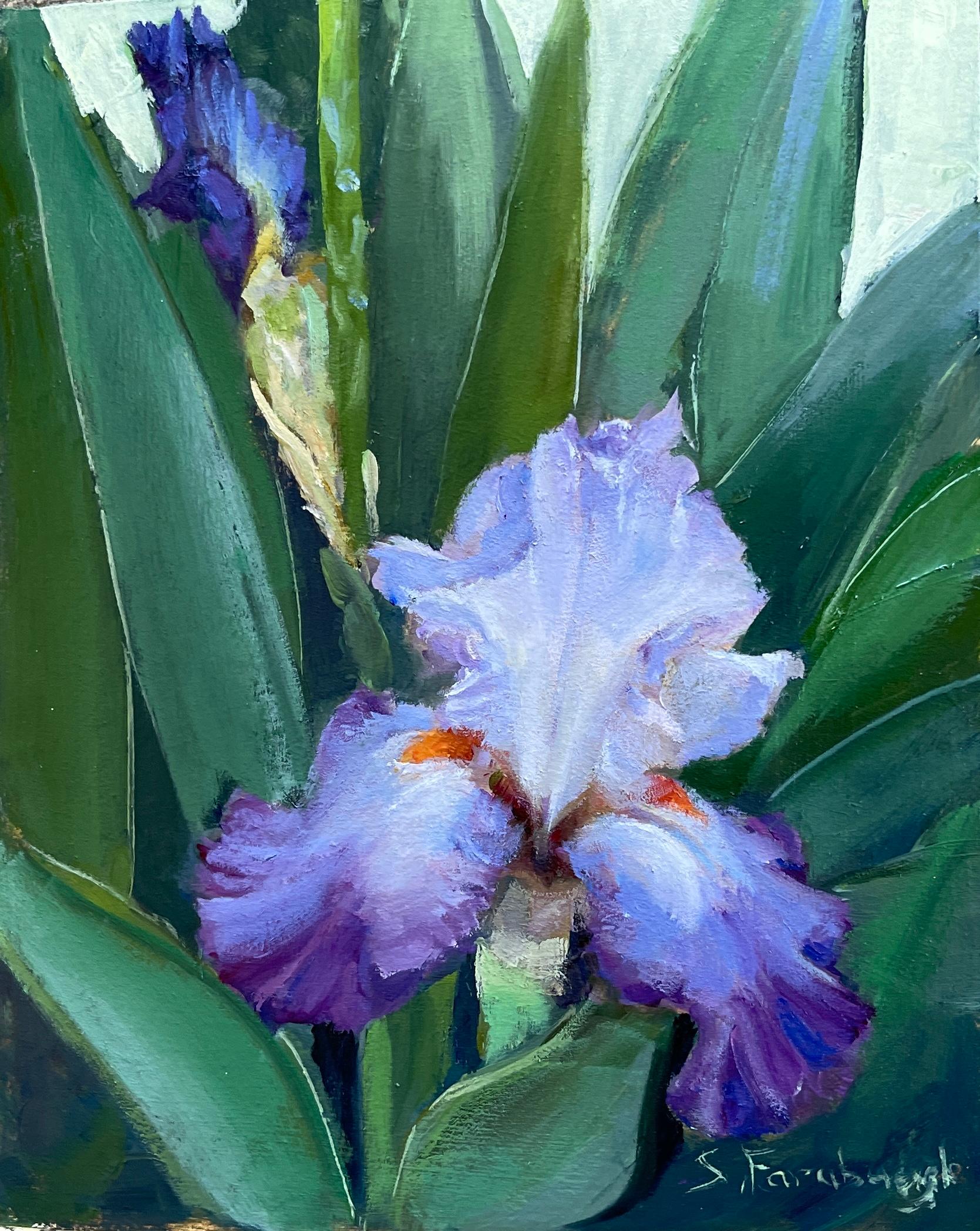 „Bearded Beauty“ (2023) von Sheri Farabaugh, Originalgemälde, lila Iris