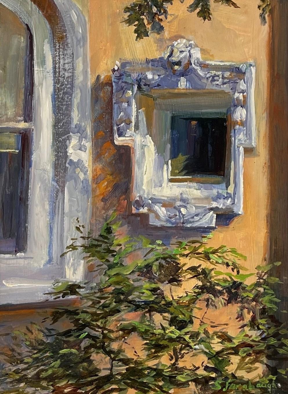 "Garden Shadows" von Shari Farabaugh (Vereinigte Staaten) ist ein handgefertigtes Landschafts-Ölgemälde, das ein kunstvolles Fenster auf dem Gelände des Colorado Governor's Mansion in Denver, CO, zeigt. 

Sheri Farabaugh begann nach erfolgreichen