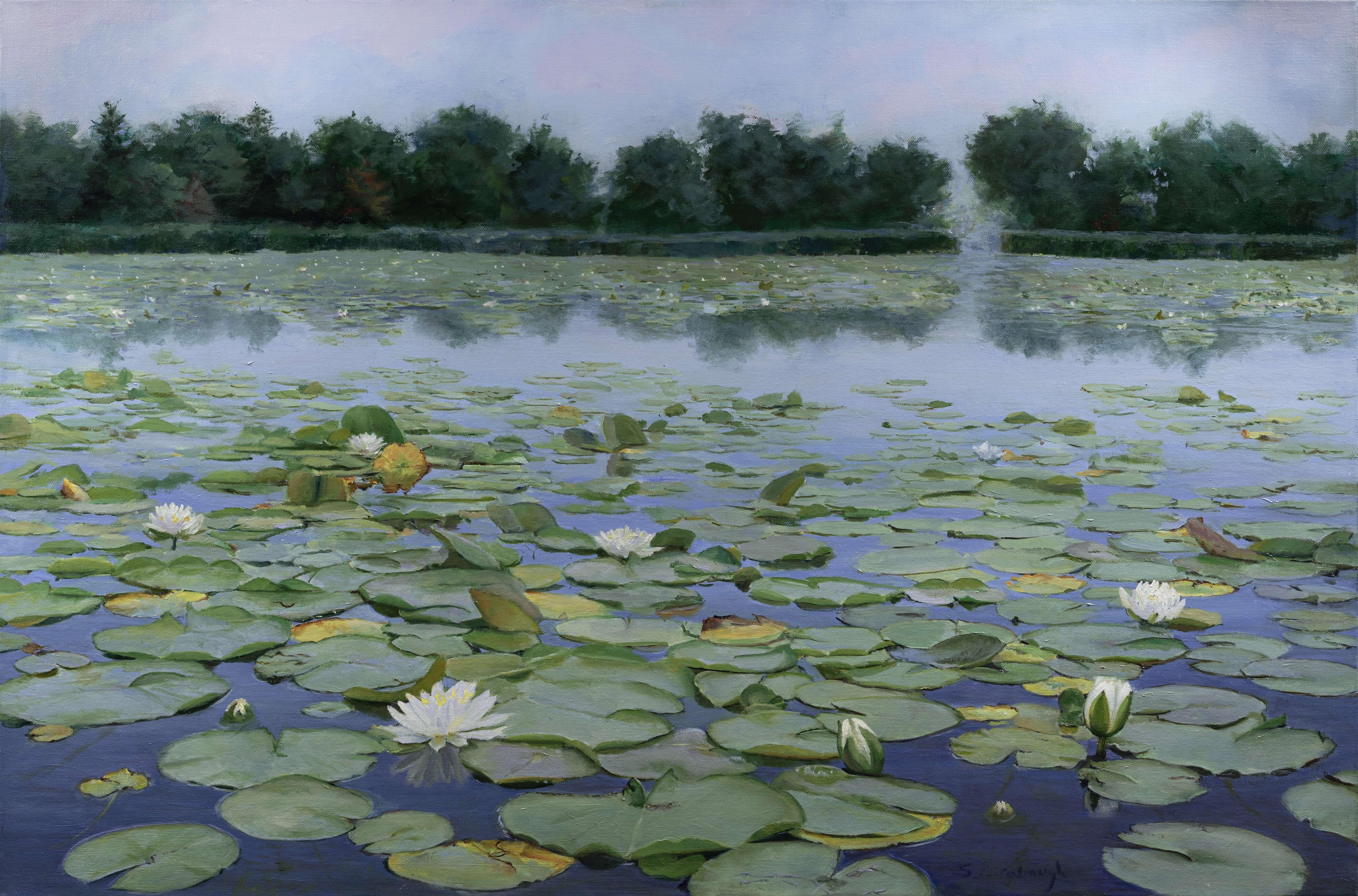 "The Lily Pond" di Sheri Farabaugh è un dipinto a olio su tela di 24 x 36 x 2,50 pollici, presentato in un'elegante cornice di 25,50 x 37,50 x 3 pollici. Pronta per essere appesa, quest'opera squisita cattura un laghetto sereno pieno di delicate