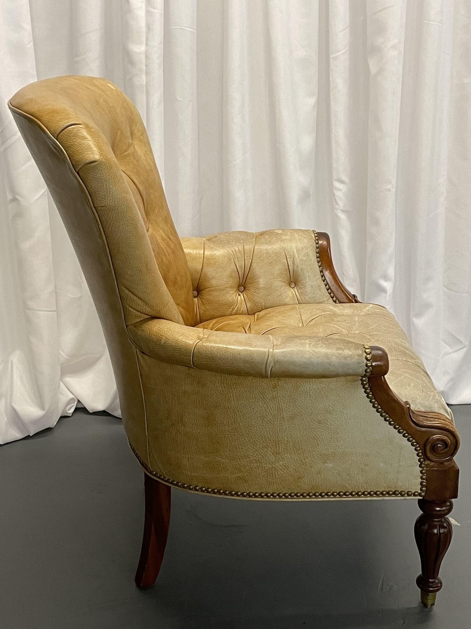 19th Century Sheridan Office / Wing / Accent Chair, Tufted Leather, Patinated, Bronze Casters