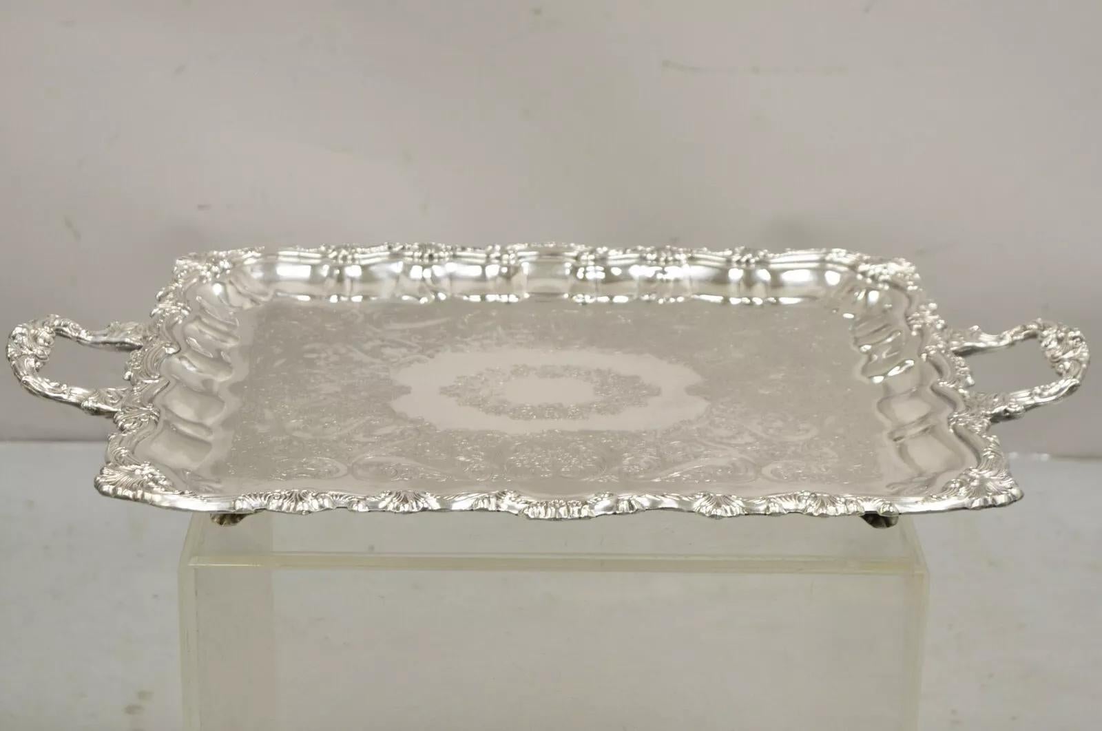 Sheridan Taunton EP Brass Silver Plated Victorian Rectangle Serving Platter Tray. Item features ornate engravings throughout, scalloped rectangular form, original hallmark. Circa Mid 20th Century. Measurements:  2