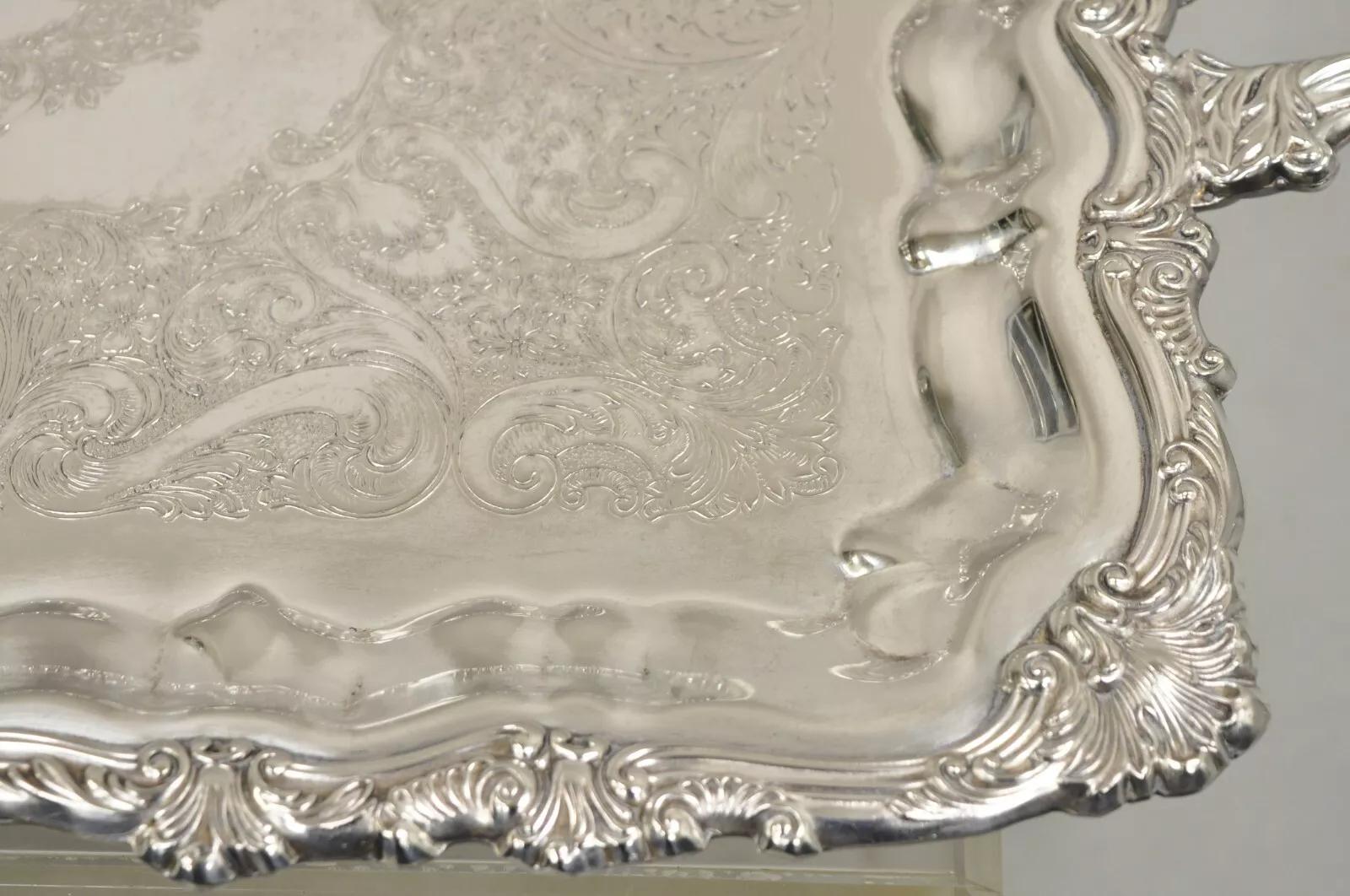 Sheridan Taunton EP Brass Silver Plated Victorian Rectangle Serving Platter Tray In Good Condition For Sale In Philadelphia, PA