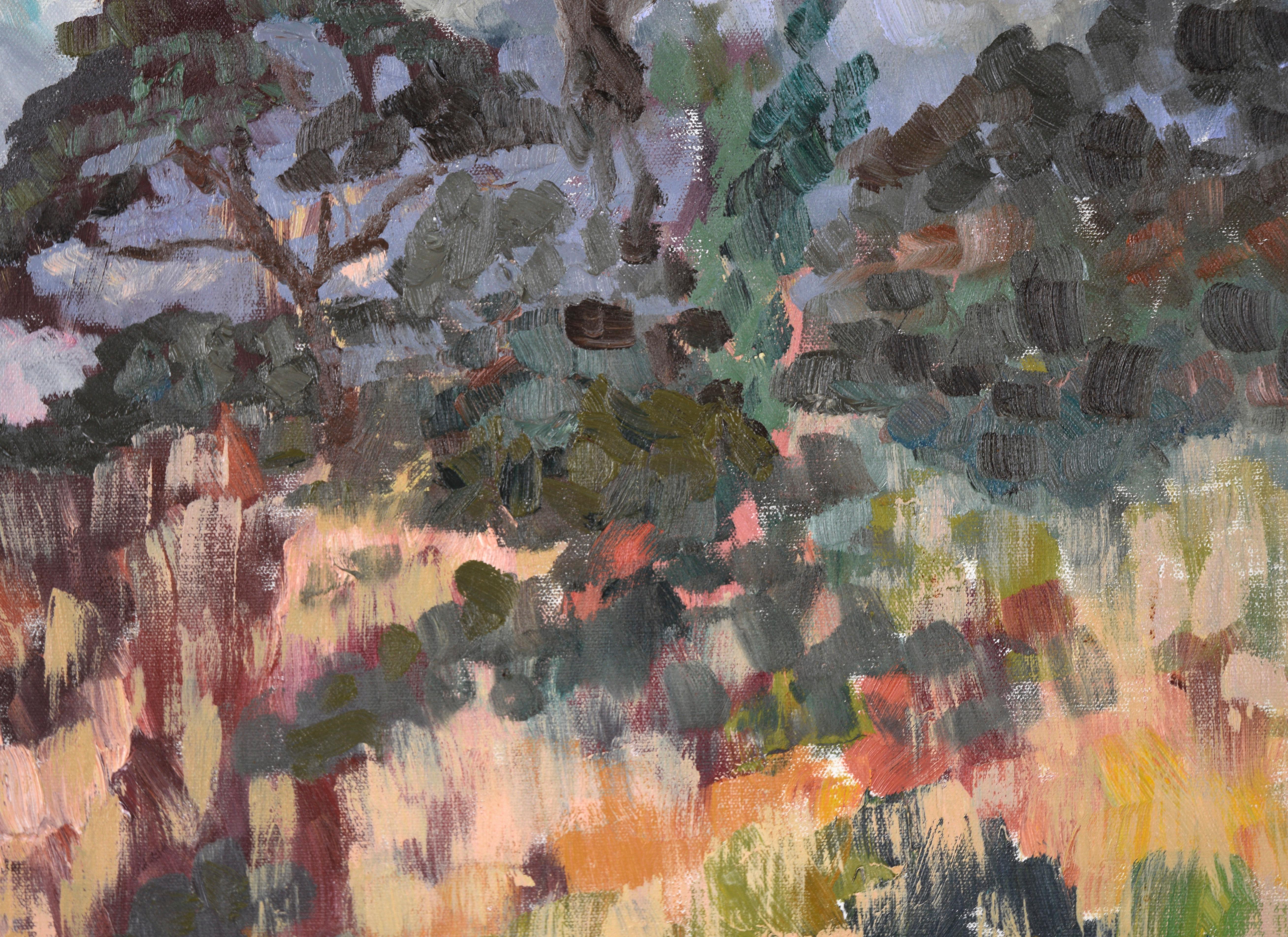 Praterie - Paesaggio impressionista verticale in olio su tela - Landscape Painting Grigio di Sherin Lindsey